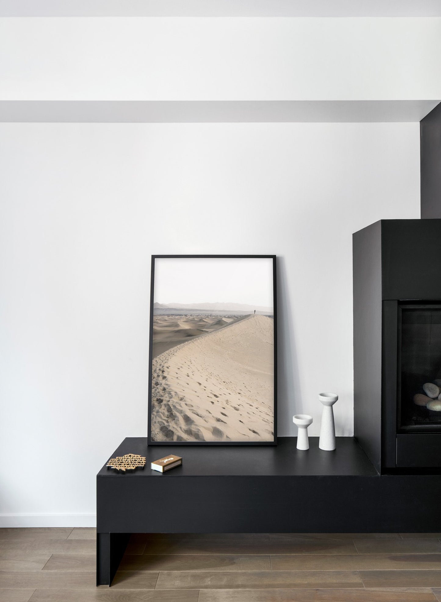 Solitude in the Desert - Sand desert modern minimalist photography poster by Opposite Wall - Living room with fireplace