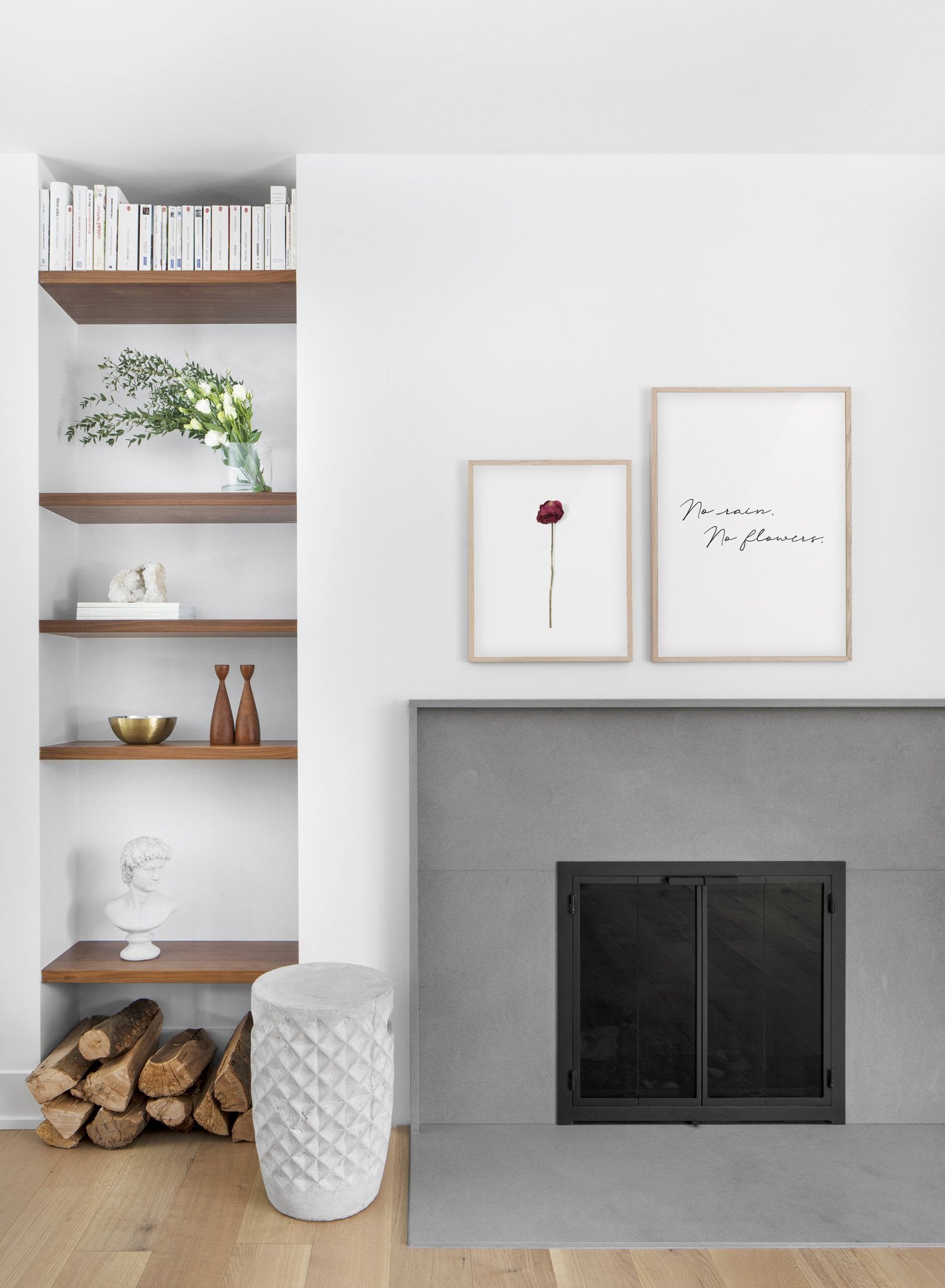 Weathered rose - botanical flower modern minimalist photography poster by Opposite Wall - Living room with fireplace