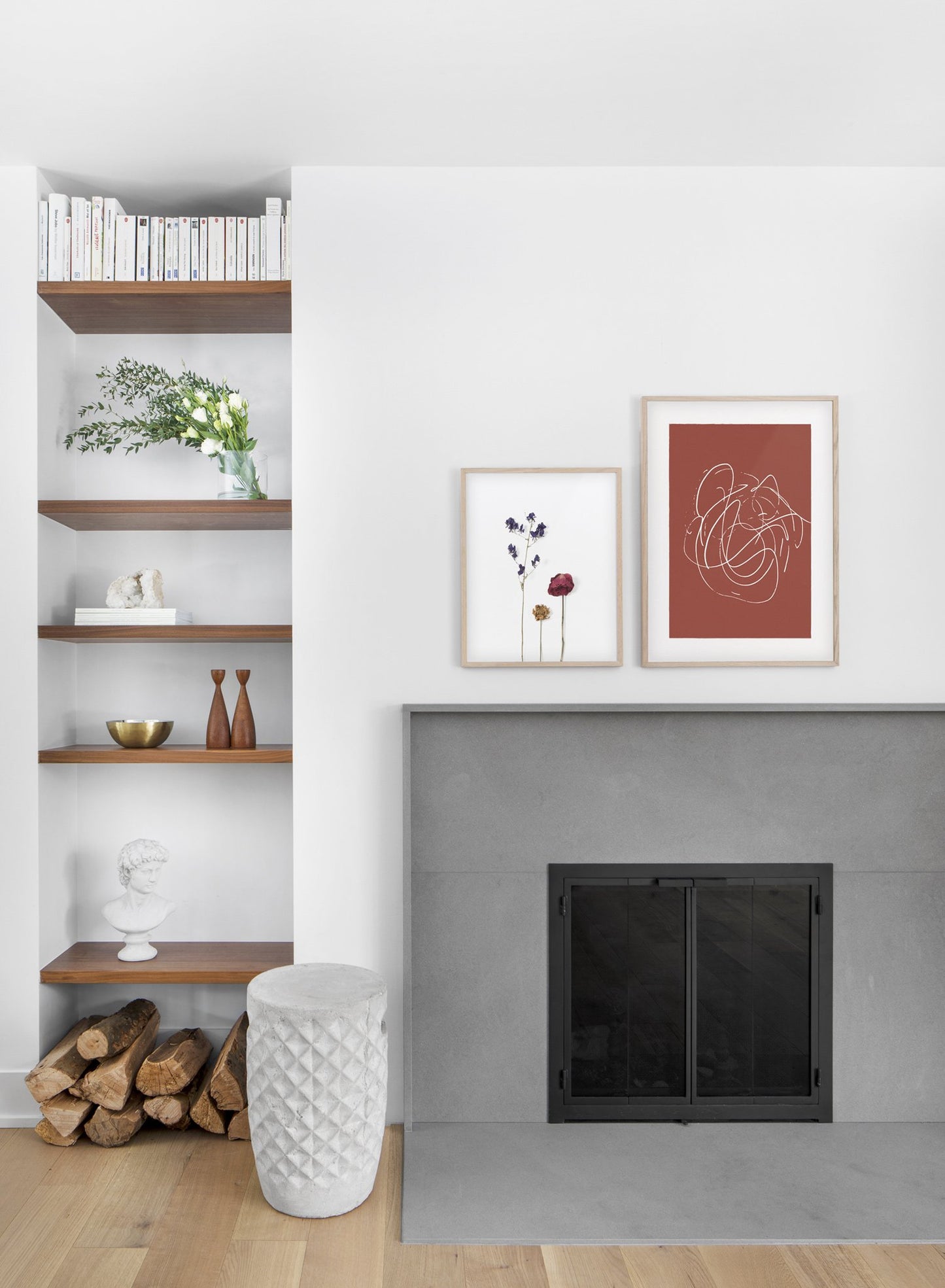 minimalist art print by Opposite Wall with trendy design of Rust swirls - Living room with a fireplace