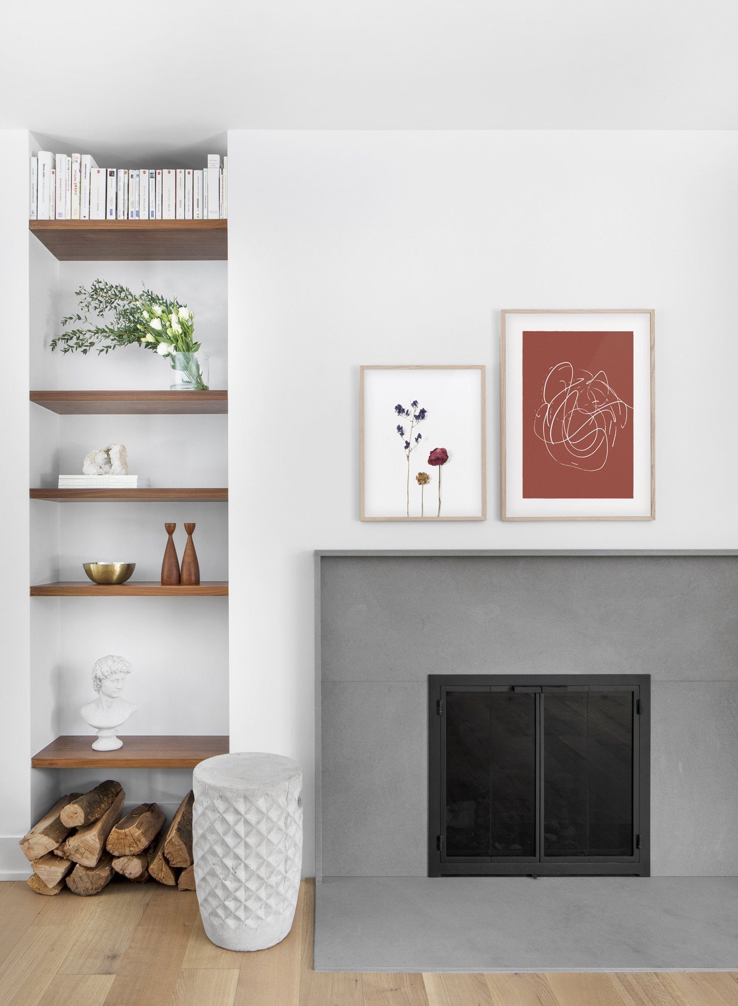 Trio of dried flowers - botanical modern minimalist photography poster by Opposite Wall - Living room with fireplace