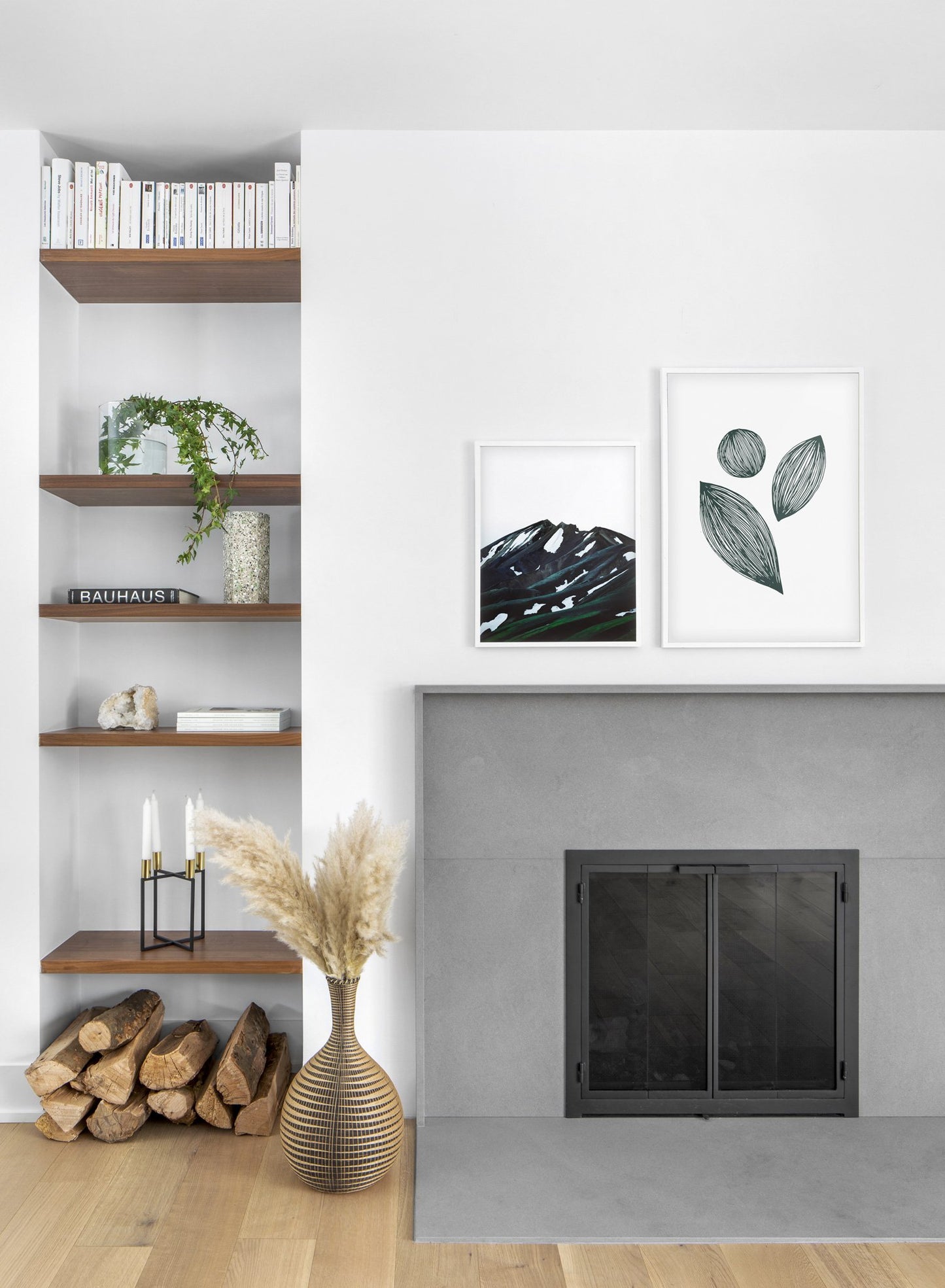 minimalist art print by Opposite Wall with trendy design of Leafy shapes - Living room with a fireplace