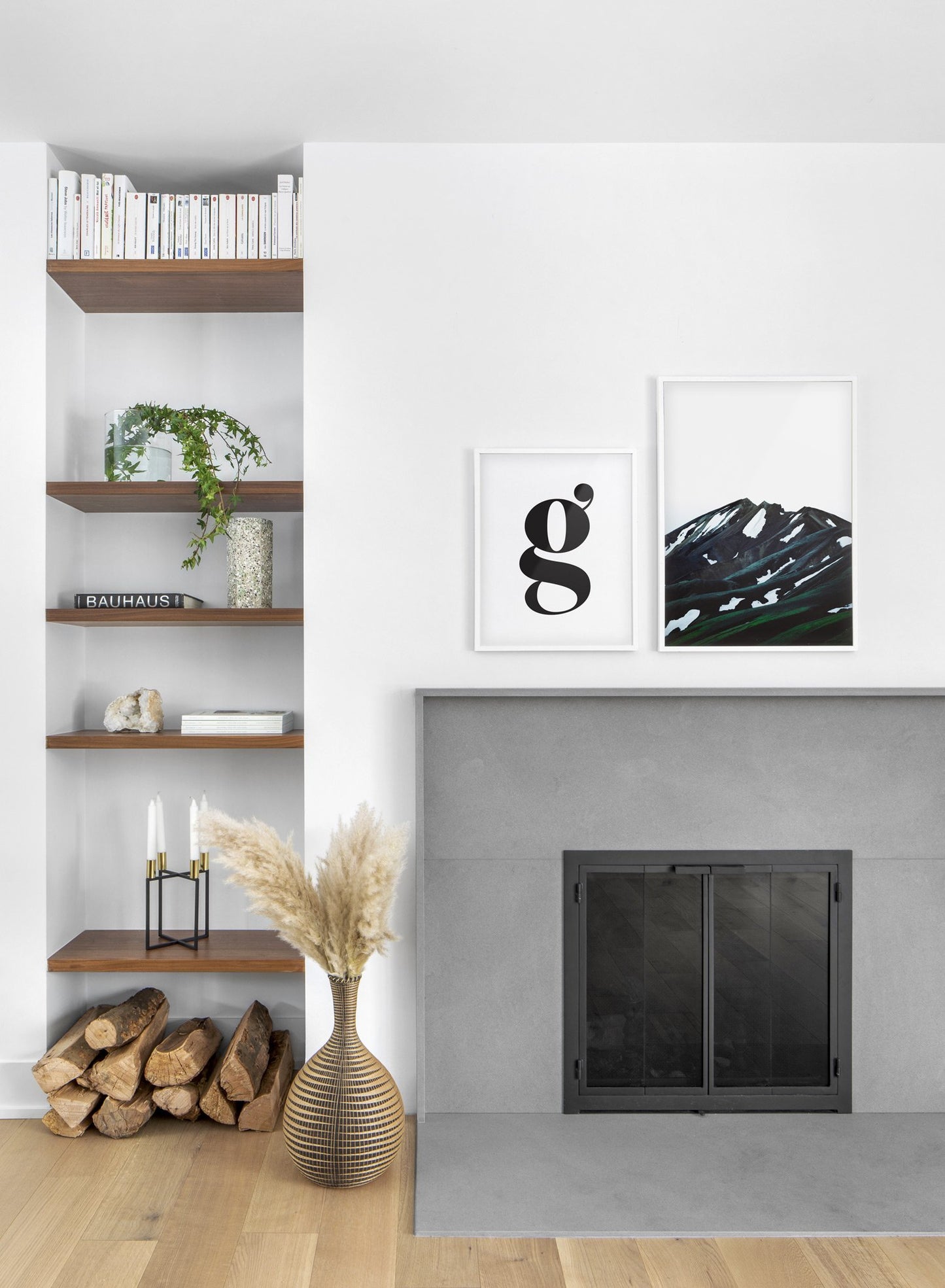 Scandinavian poster by Opposite Wall with black and white graphic typography design of the letter g - Living room with a fireplace