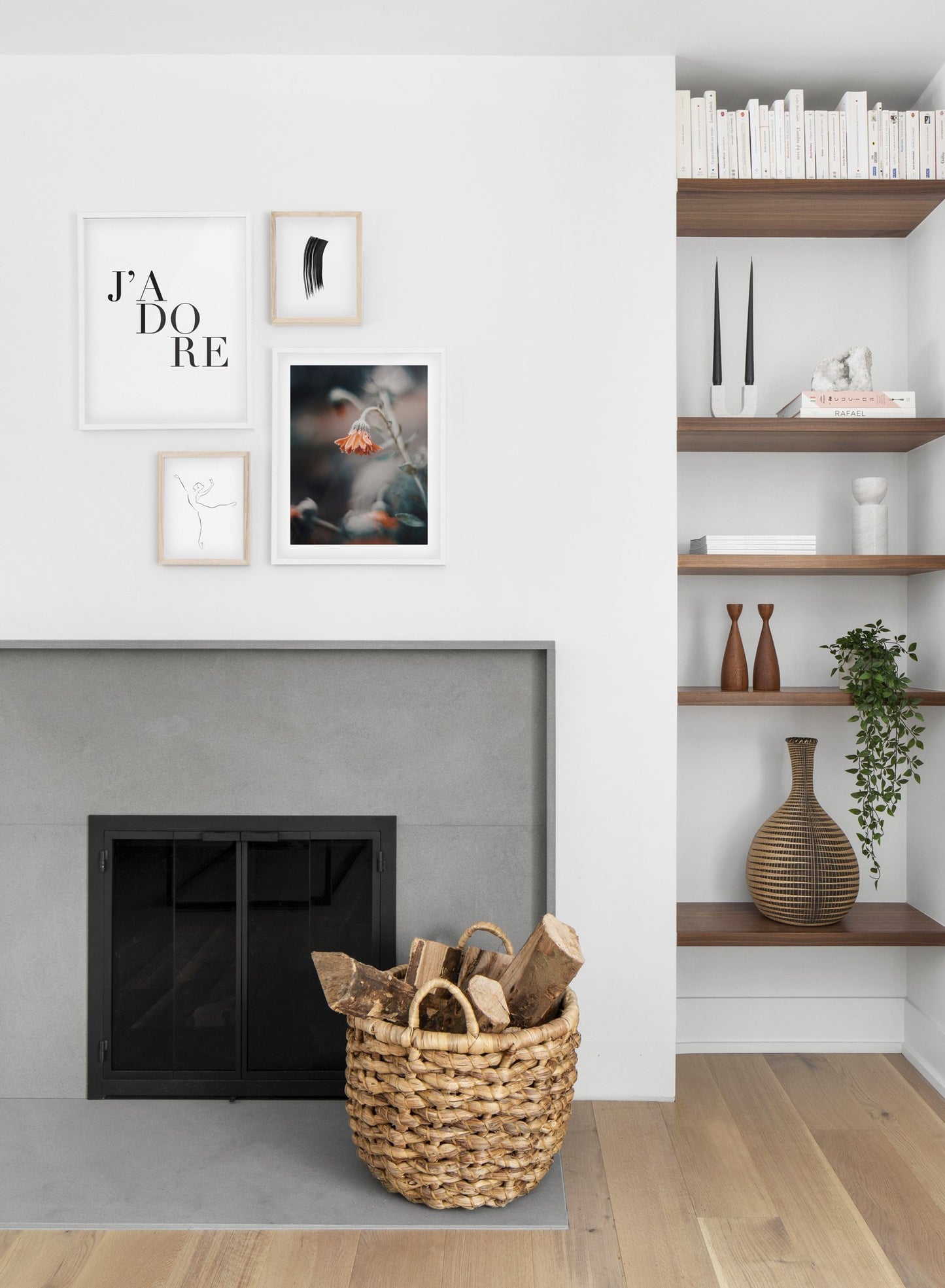 Scandinavian poster by Opposite Wall with black and white graphic typography design of J'adore - Living room with a fireplace