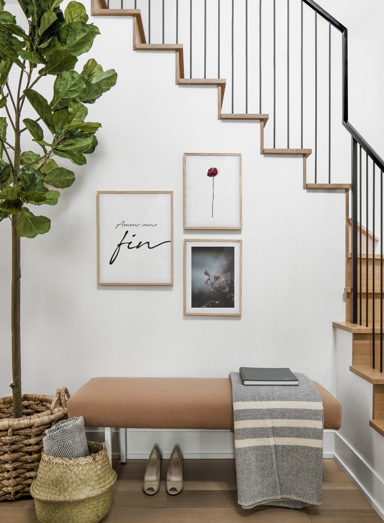 Scandinavian poster by Opposite Wall with black and white graphic typography design of Amour Sans Fin - Hallway with a staircase