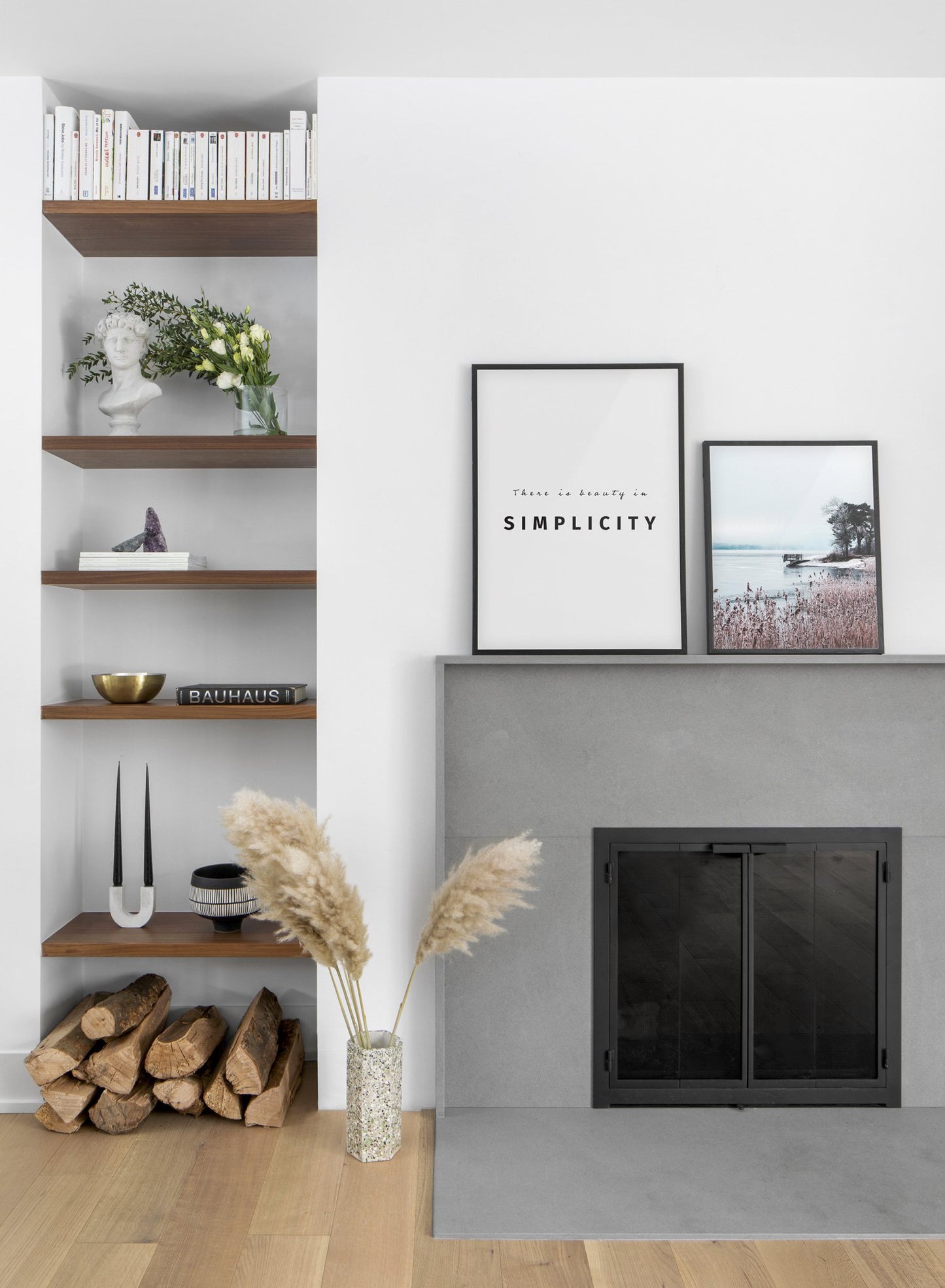 Scandinavian poster by Opposite Wall with black and white graphic typography design of Beauty in simplicity - Living room with a fireplace - duo