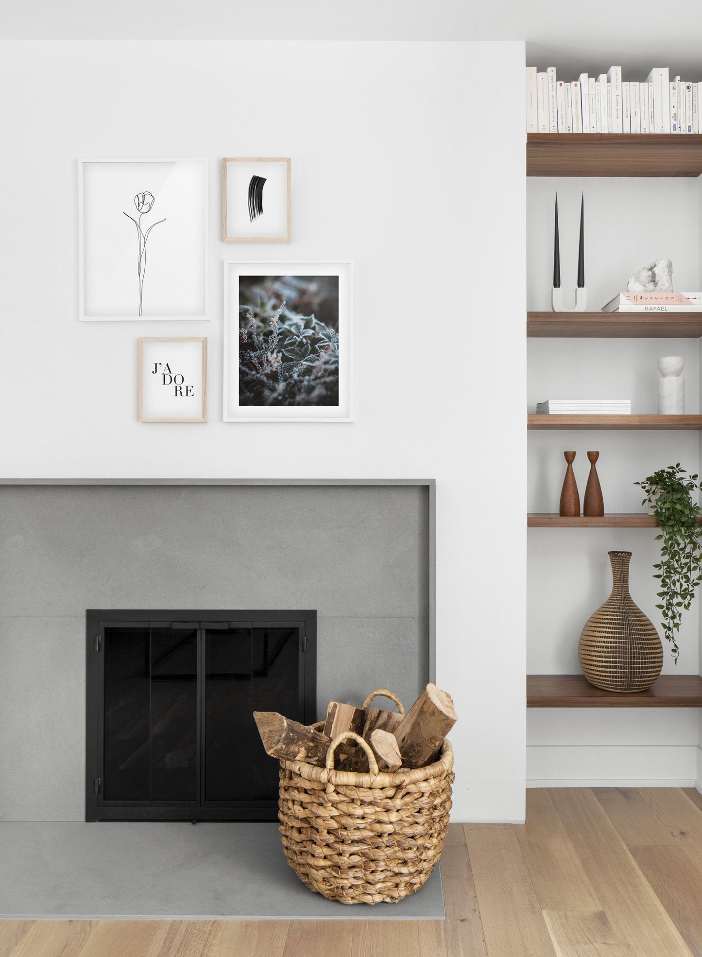 Winter flowers modern minimalist photography poster by Opposite Wall - Living room with fireplace