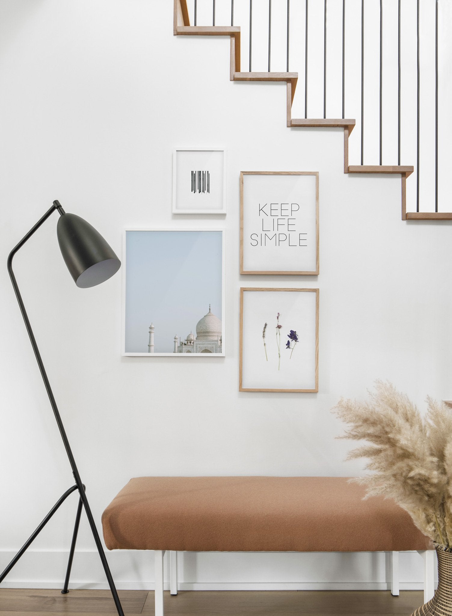 Scandinavian poster by Opposite Wall with black and white graphic typography design of Keep Life Simple - Hallway with a staircase
