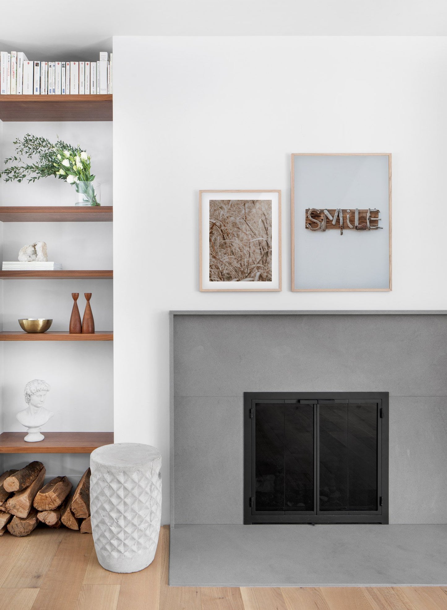 Smile modern minimalist photography poster by Opposite Wall - Living room with a fireplace