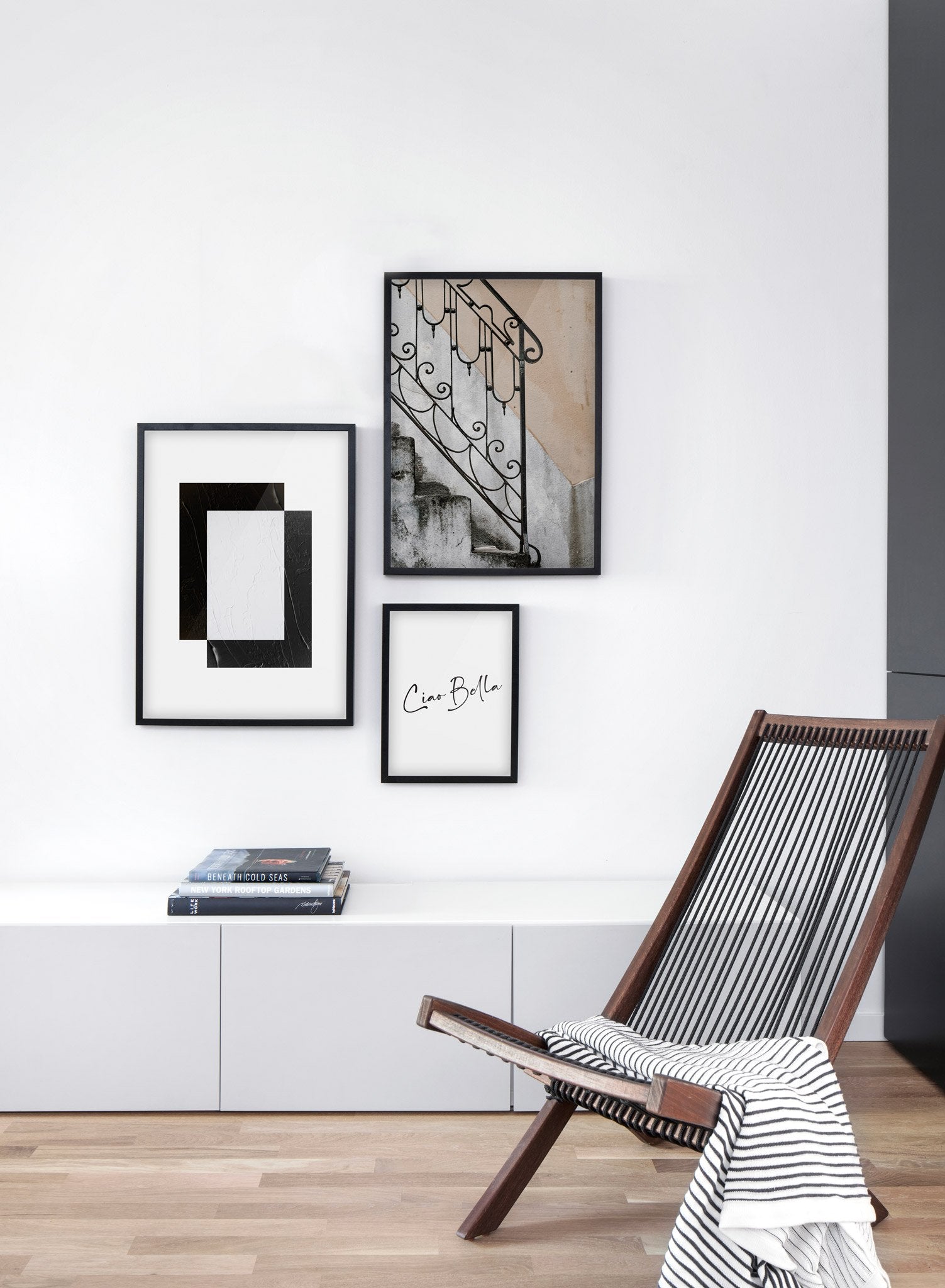Minimalist design poster by Opposite Wall with abstract illustration Frame Within A Frame - Living room with gallery wall trio