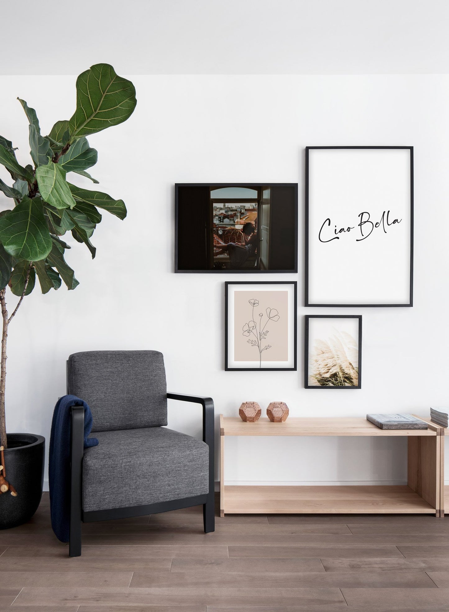 Scandinavian poster by Opposite Wall with black and white graphic typography design of Ciao Bella - Living room with Gallery Wall