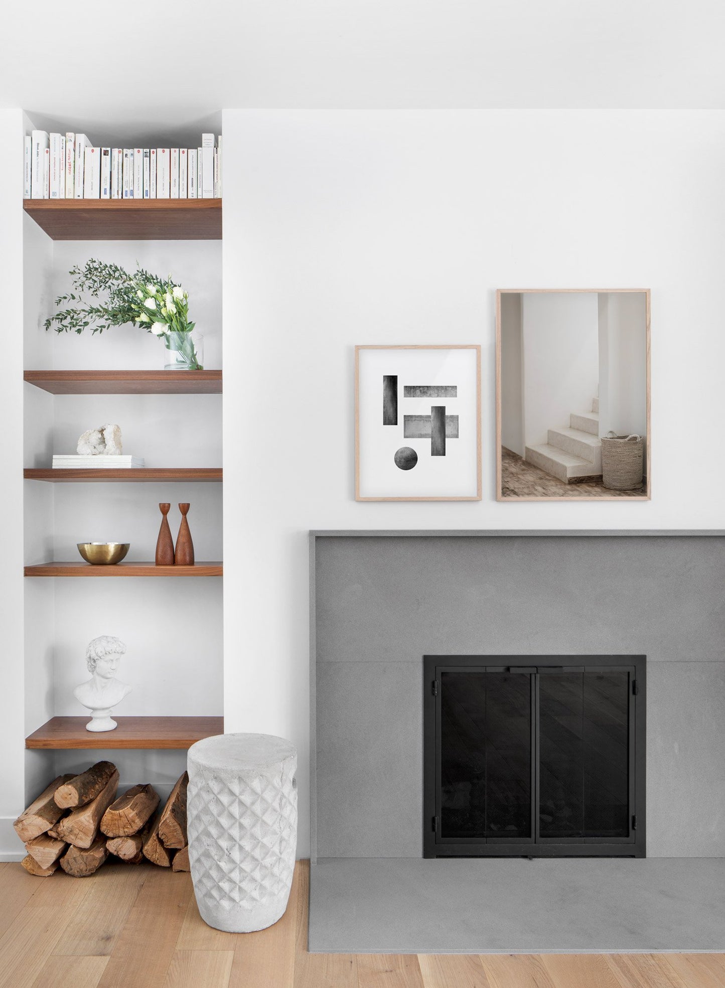 Hidden Staircase modern minimalist photography poster by Opposite Wall - Living room with a fireplace