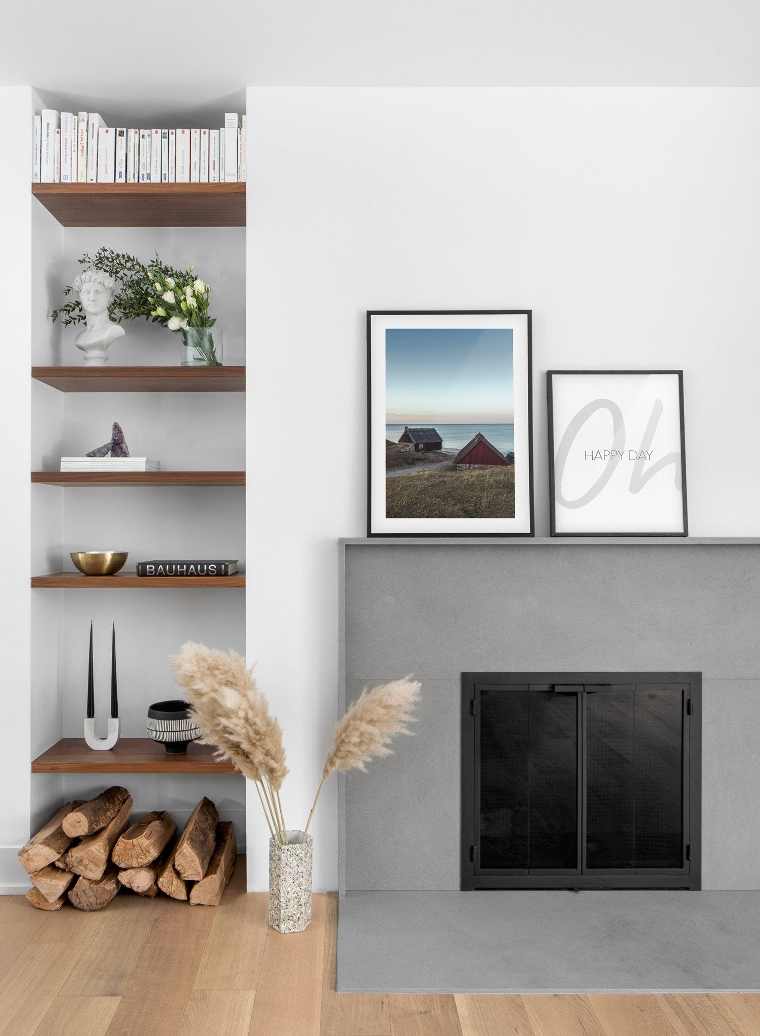 Seaside Village modern minimalist photography poster by Opposite Wall - Living room with fireplace - duo