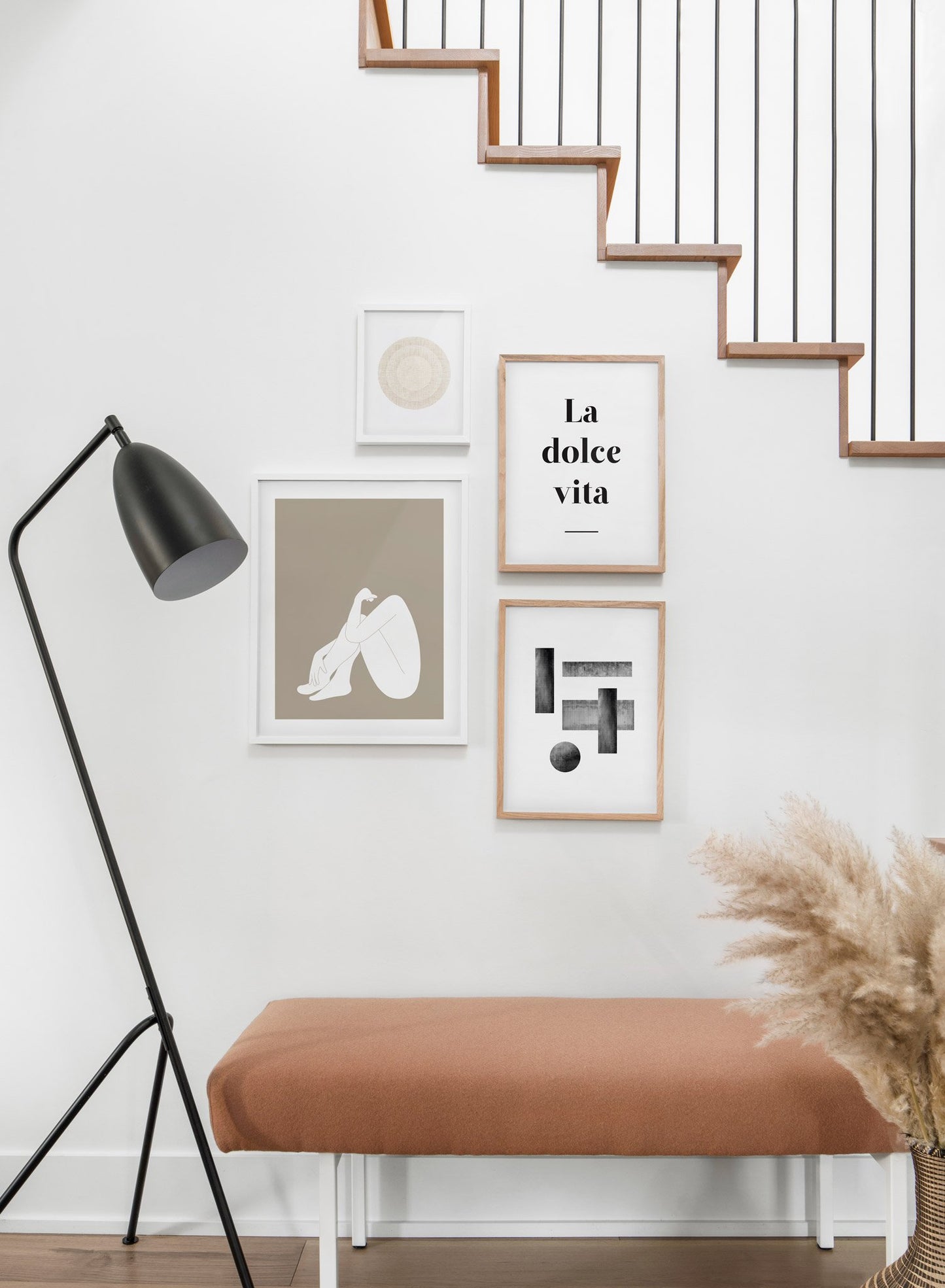 Minimalist art print by Opposite Wall with trendy design of a woman silhouette - Living room with a staircase
