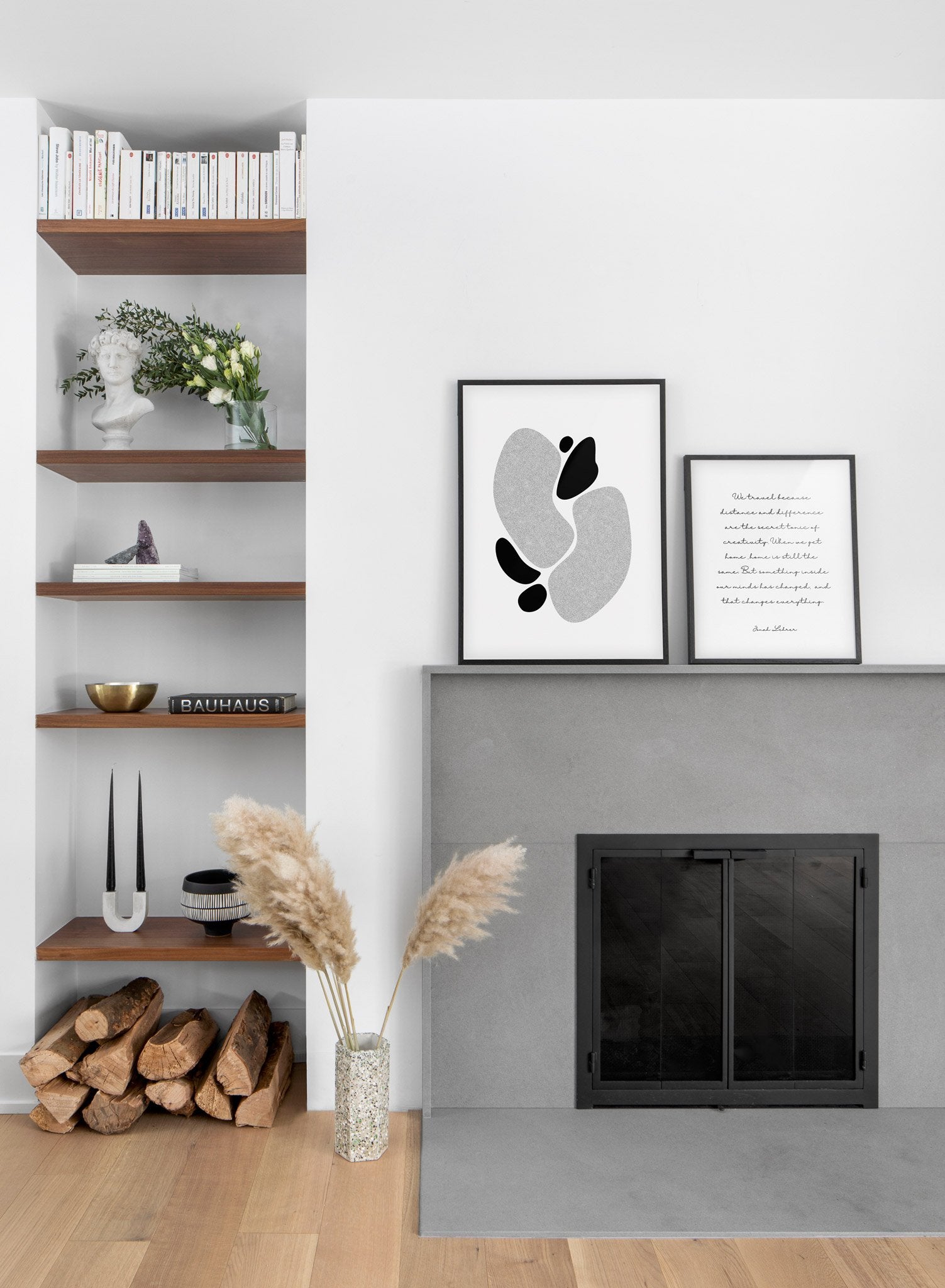 Modern minimalist poster by Opposite Wall with abstract illustration of Stone Shapes -  Living room with a fireplace