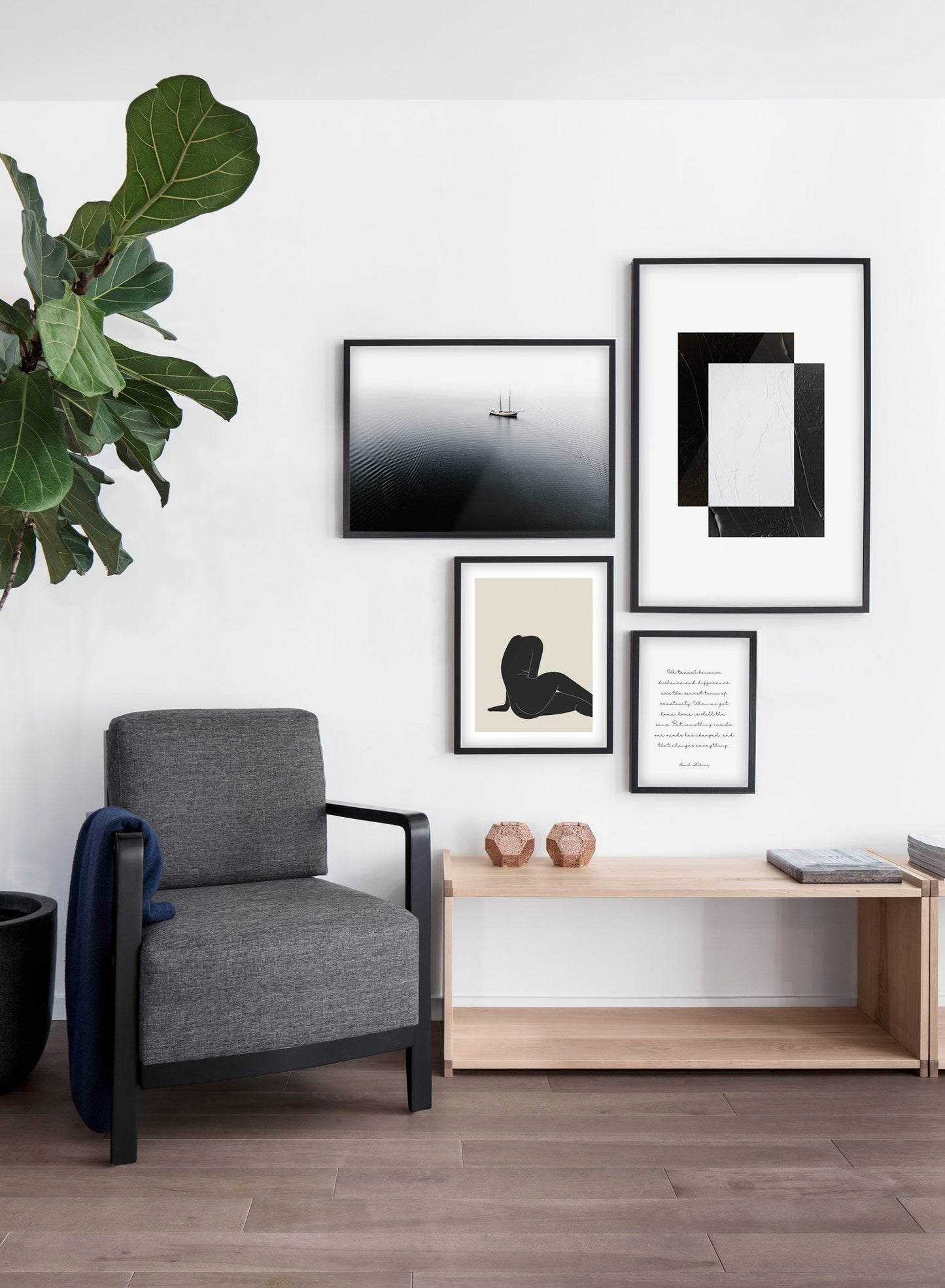 Lone ship modern minimalist photography poster by Opposite Wall - Living room with gallery wall quad