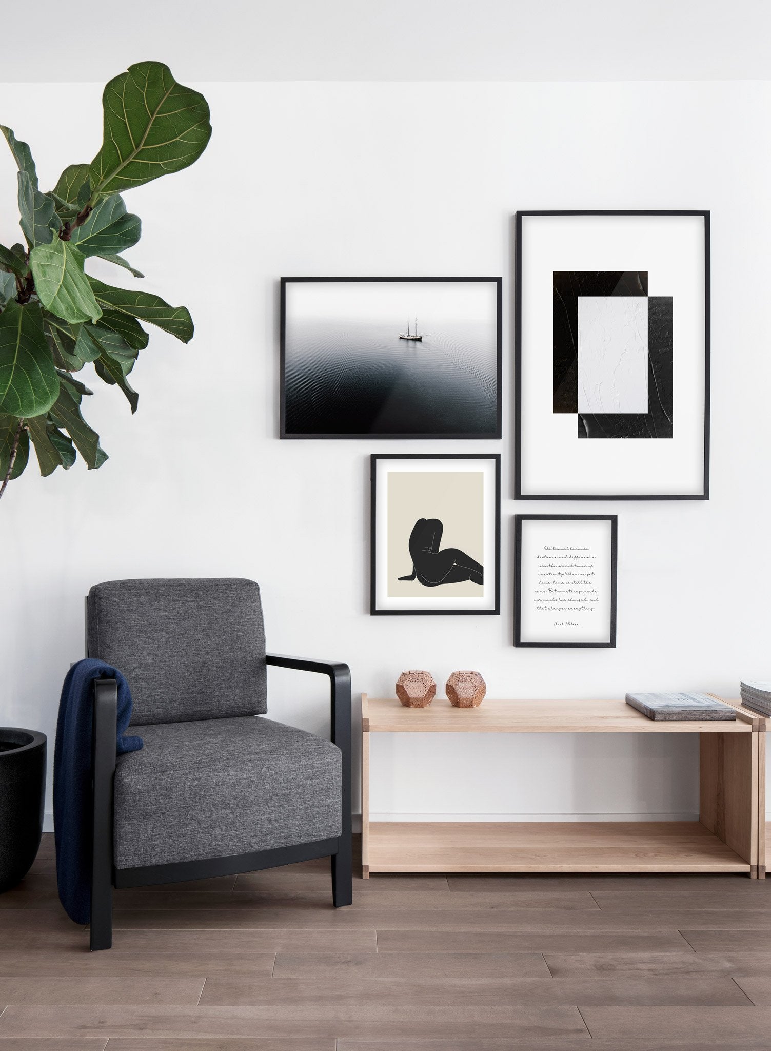 Lone ship modern minimalist photography poster by Opposite Wall - Living room with gallery wall quad
