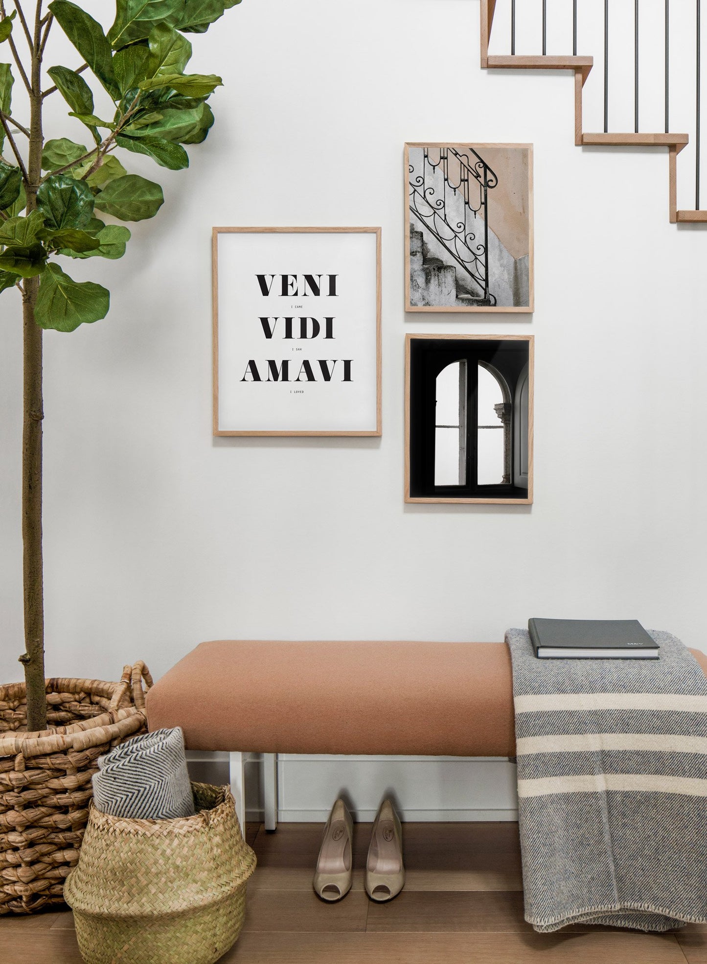 Scandinavian poster by Opposite Wall with black and white graphic typography design of Veni Vidi Amavi - Hallway with a staircase