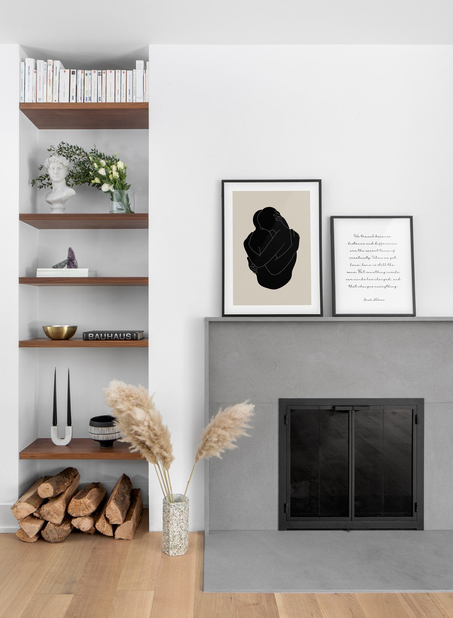 Minimalist design poster by Opposite Wall with abstract embracing couple - Living room with a fireplace - duo