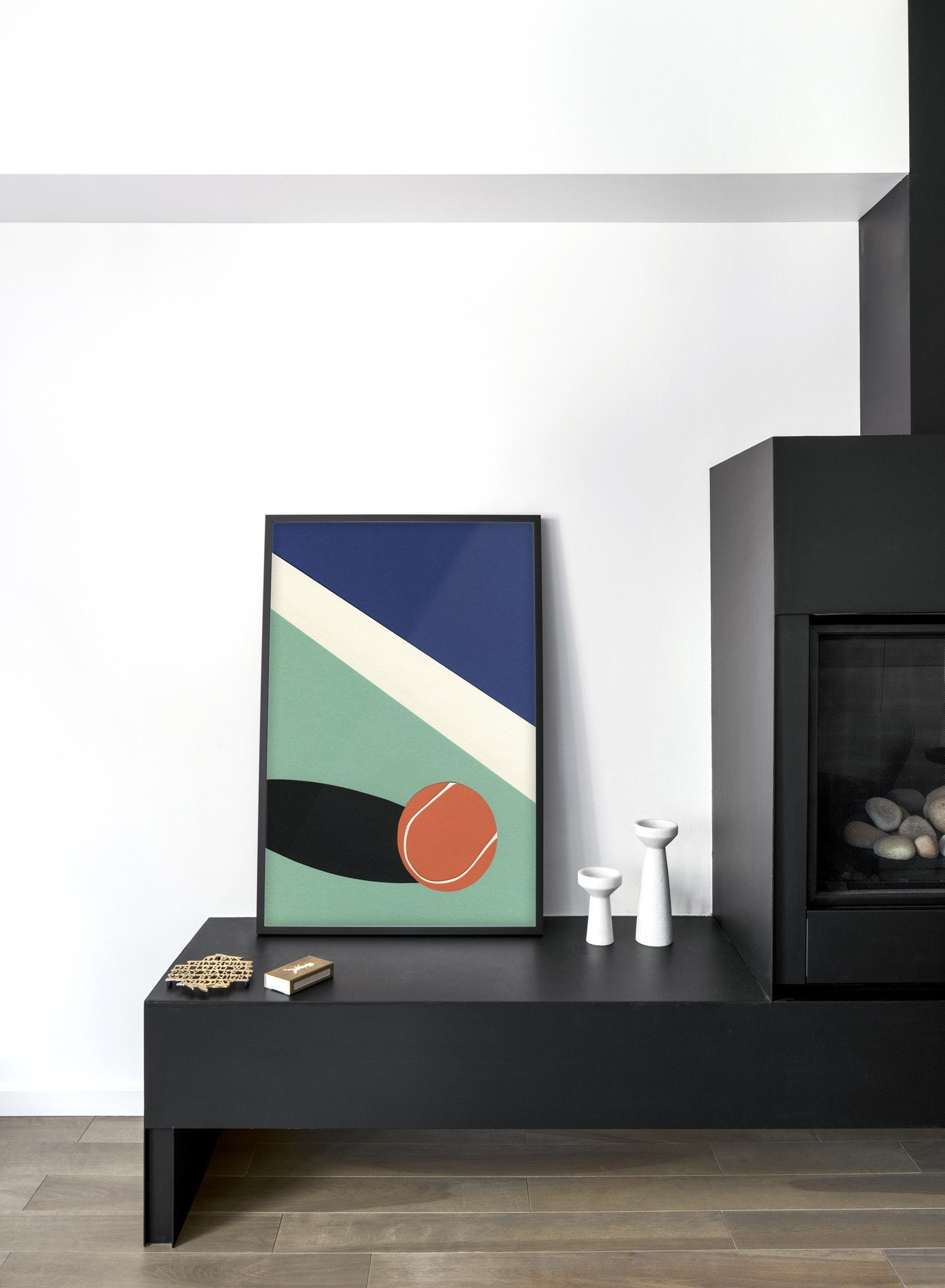 Modern minimalist poster by Opposite Wall with abstract collage illustration of tennis ball on court - Living room with a fireplace