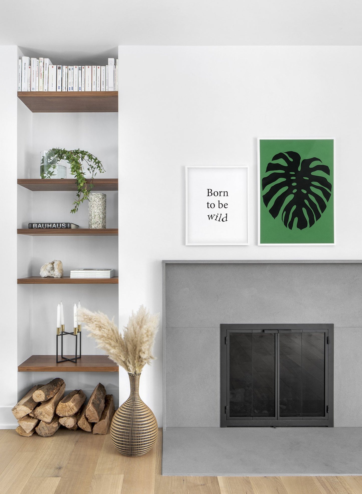 Modern minimalist poster by Opposite Wall with abstract collage illustration of monstera leaf - Living room - Duo