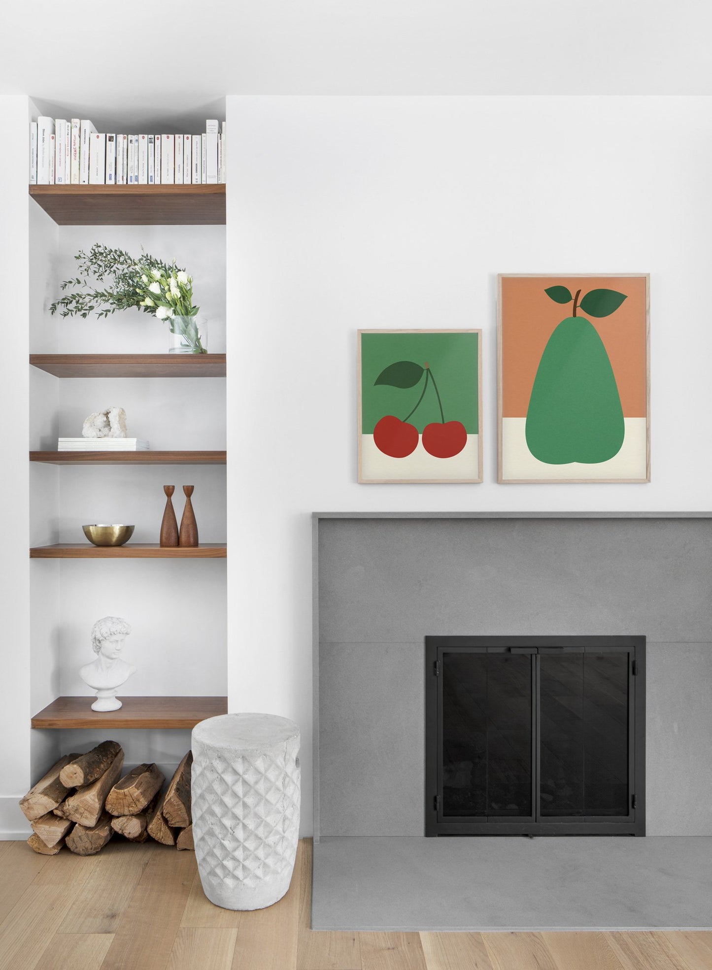 Modern minimalist poster by Opposite Wall with abstract collage illustration of cherries - Living room - Duo