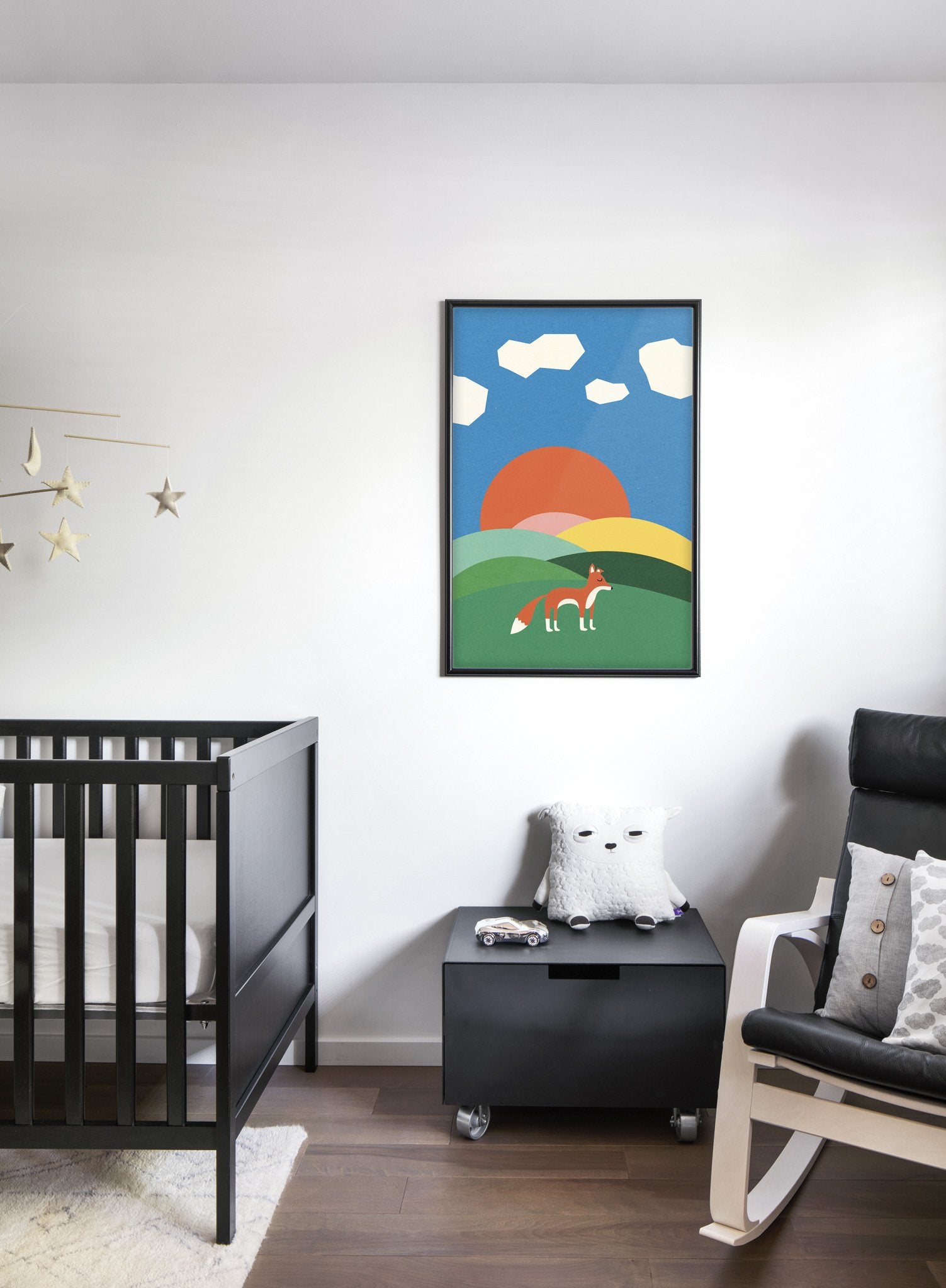 Modern minimalist poster by Opposite Wall with abstract collage illustration of fox in hills - Nursery