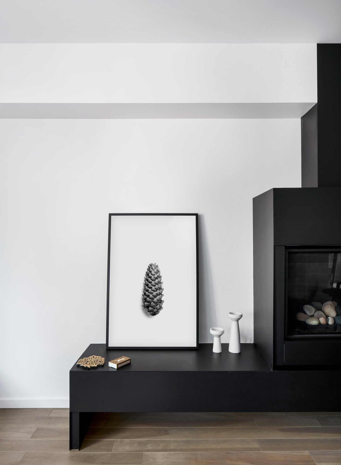 Modern minimalist poster by Opposite Wall with trendy black and white art photo -  Pretty Pine - Fireplace