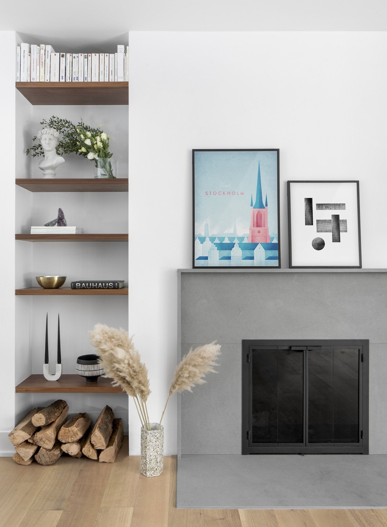 Modern minimalist poster by Opposite Wall with poster duo including illustration of Stockholm, Sweden - Living Room