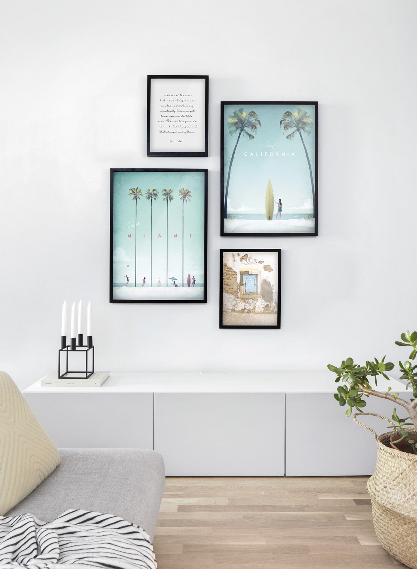 Modern minimalist travel poster by Opposite Wall with poster quad including illustration of Miami - Living Room