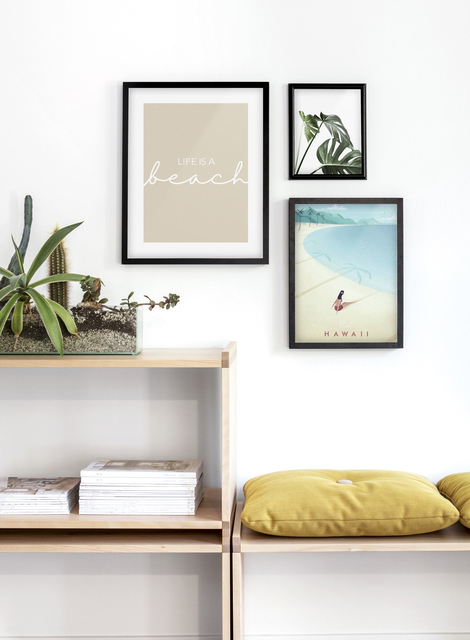 Modern minimalist travel poster by Opposite Wall with poster trio including illustration of Hawaii - Entryway