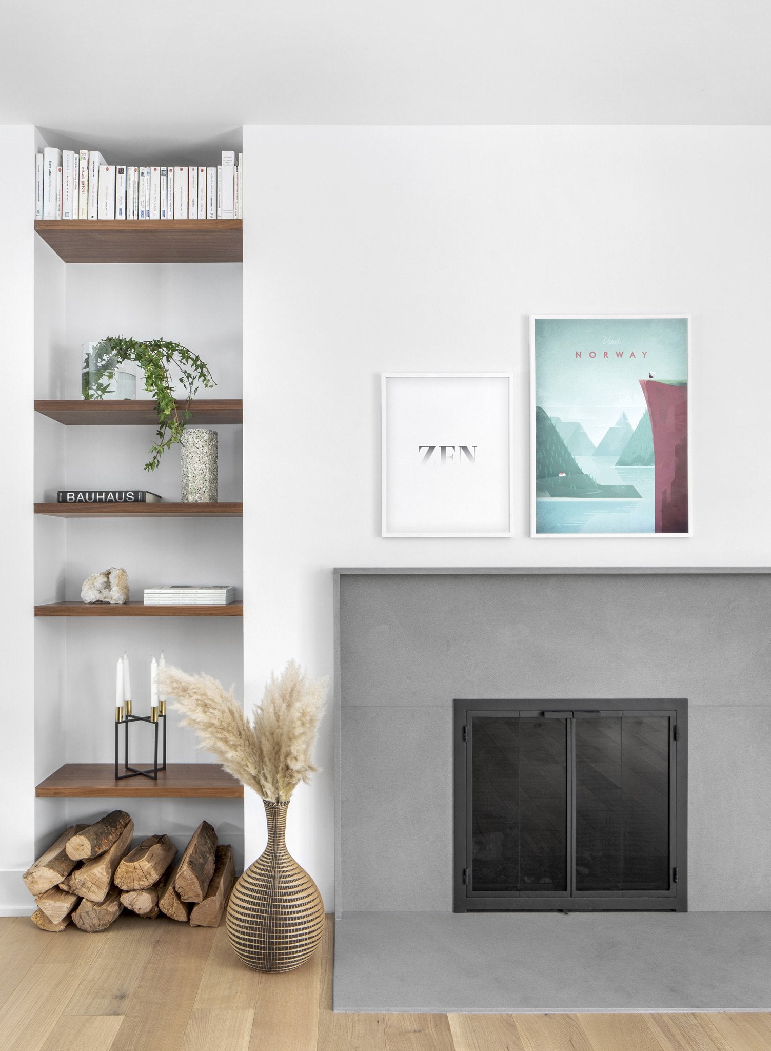 Modern minimalist travel poster by Opposite Wall with poster duo including illustration of Norway - Living Room