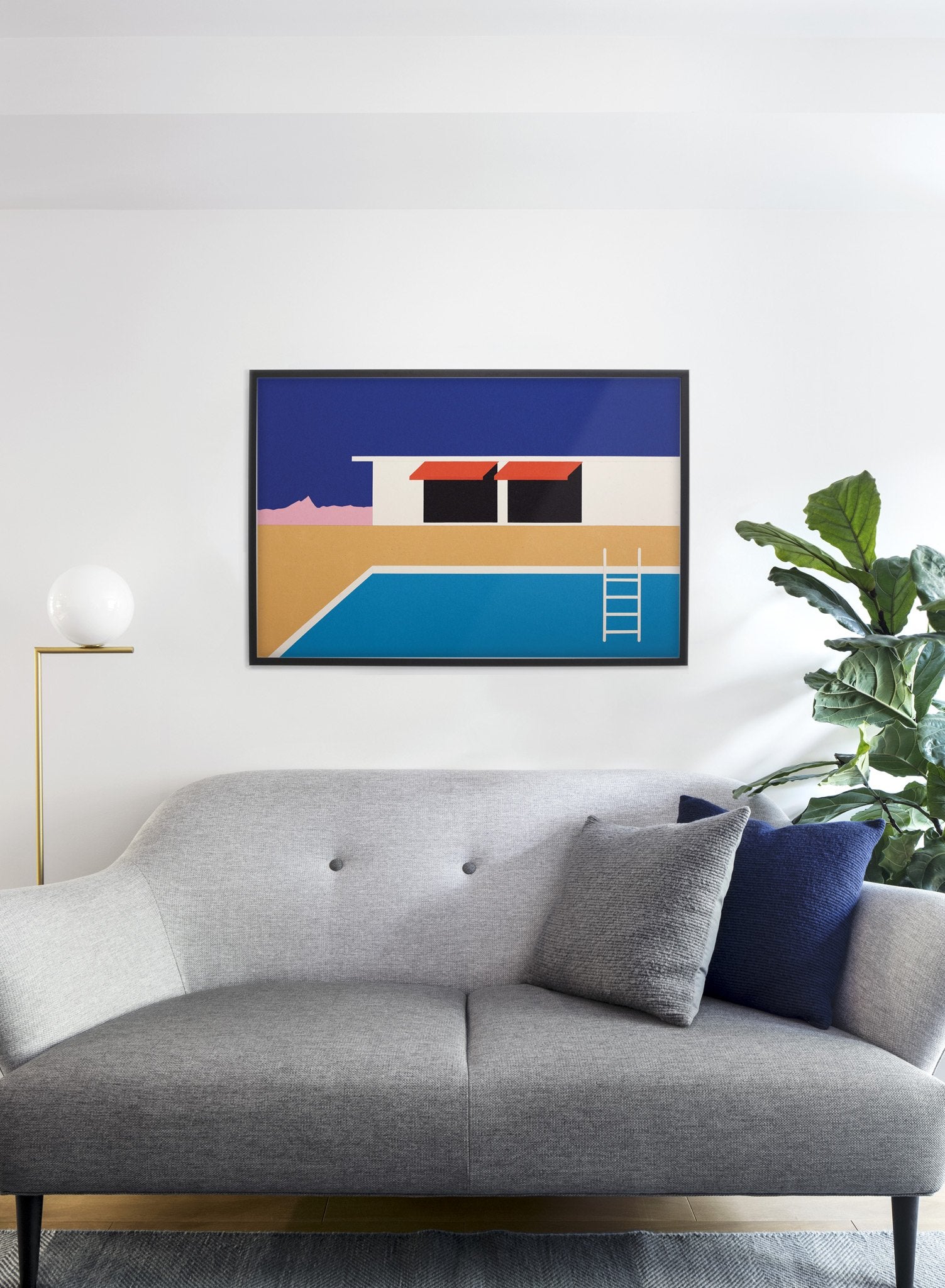 Modern minimalist poster by Opposite Wall with collage illustration of swimming pool - Living room