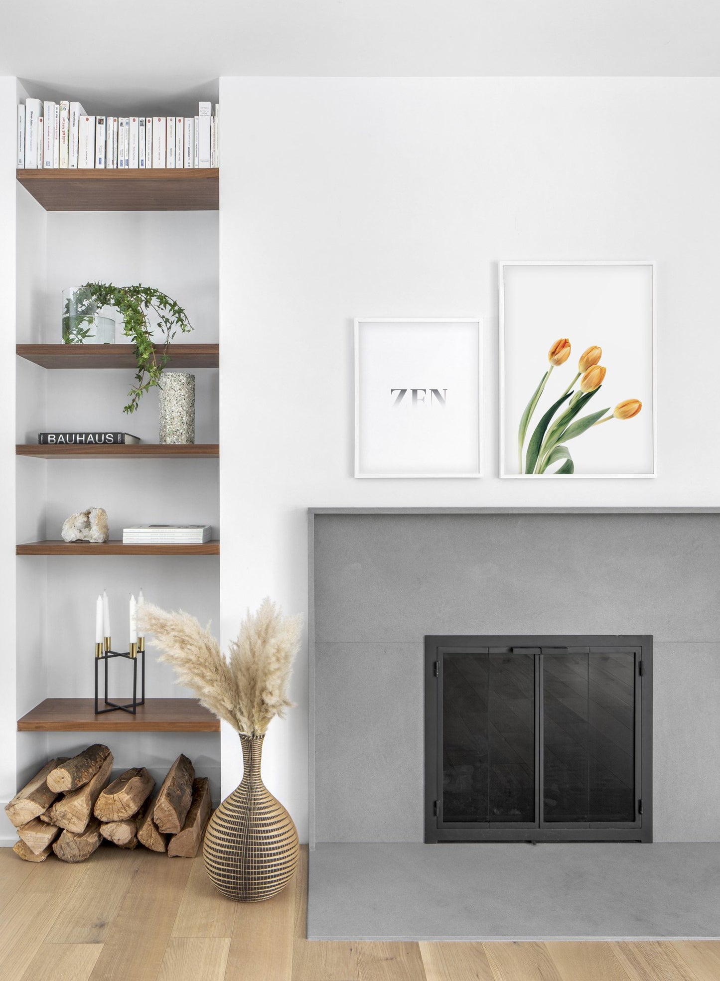 Minimalist wall art poster duo featuring bouquet of tulips floral photography - Fireplace