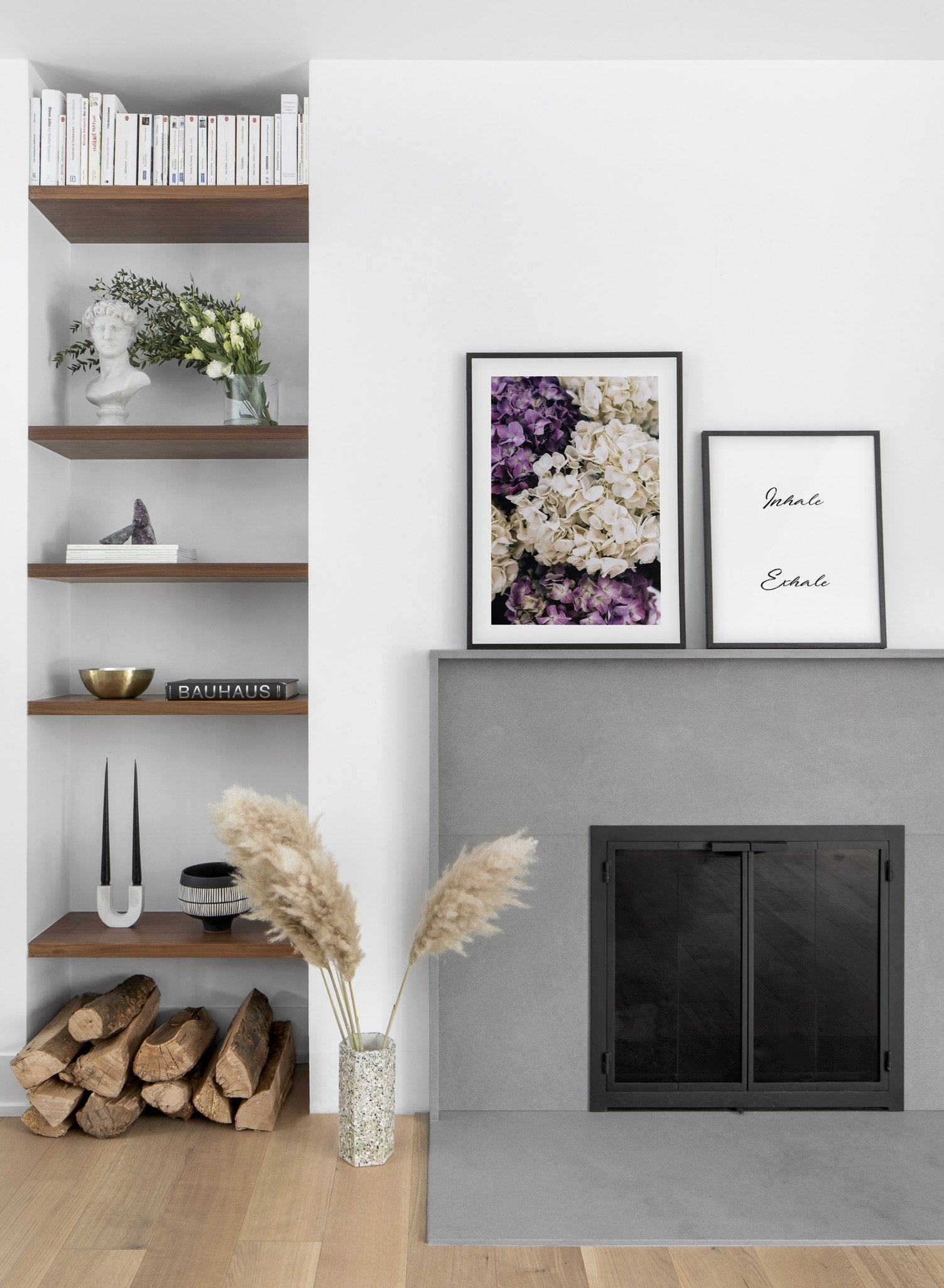 Minimalist wall art poster duo featuring purple hydrangeas floral photography - Fireplace