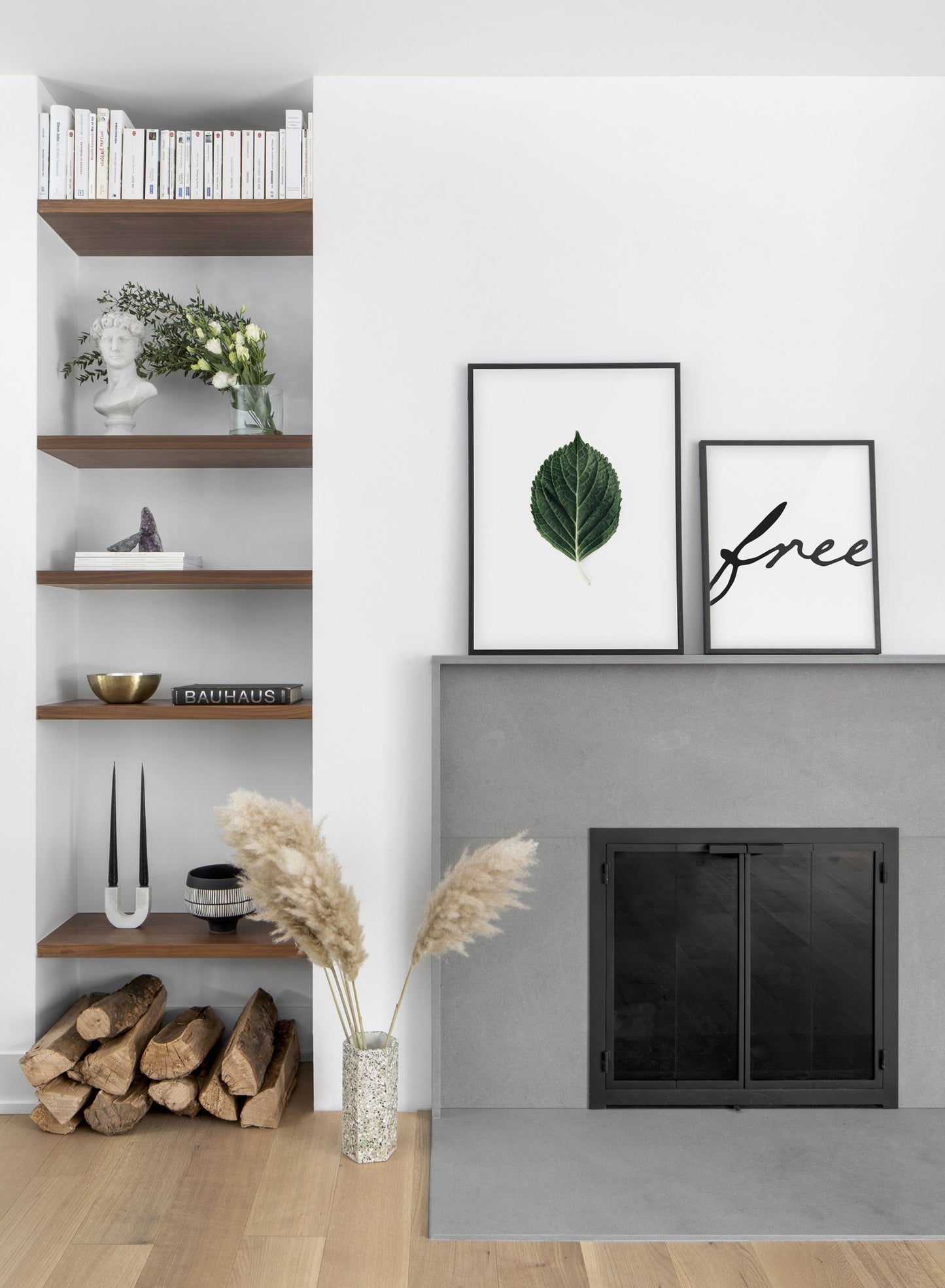 Minimalist poster duo featuring Lone Leaf botanical photography - Fireplace