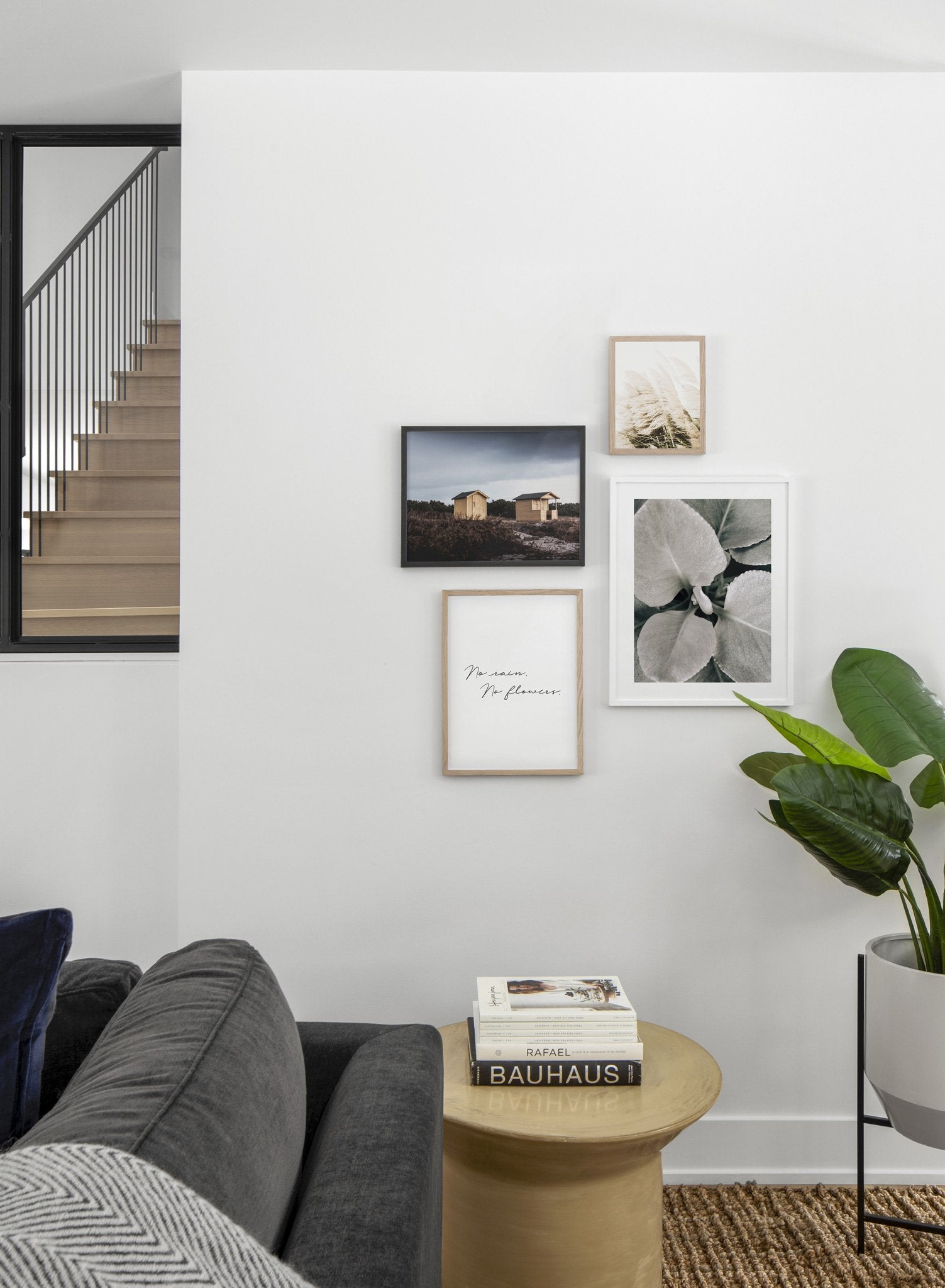 Minimalist poster quad featuring botanical photography of dusted leaves - Living Room