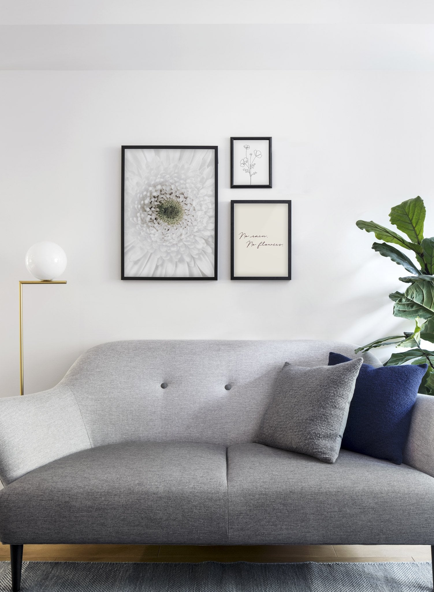 Minimalist wall art poster trio featuring white gerbera daisy flower photography - Living Room