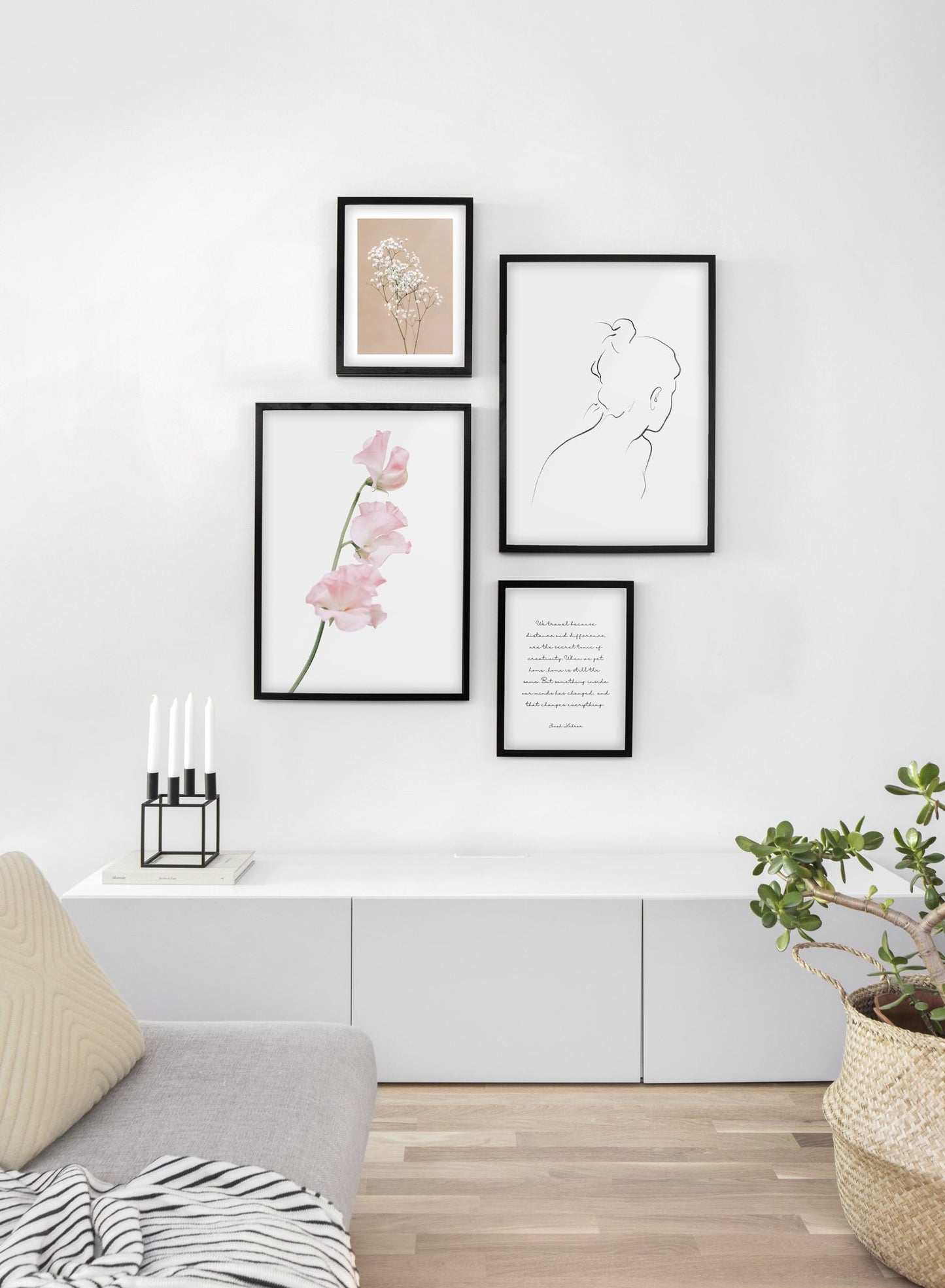 Minimalist wall art poster quad featuring silken petals floral photography - Living Room