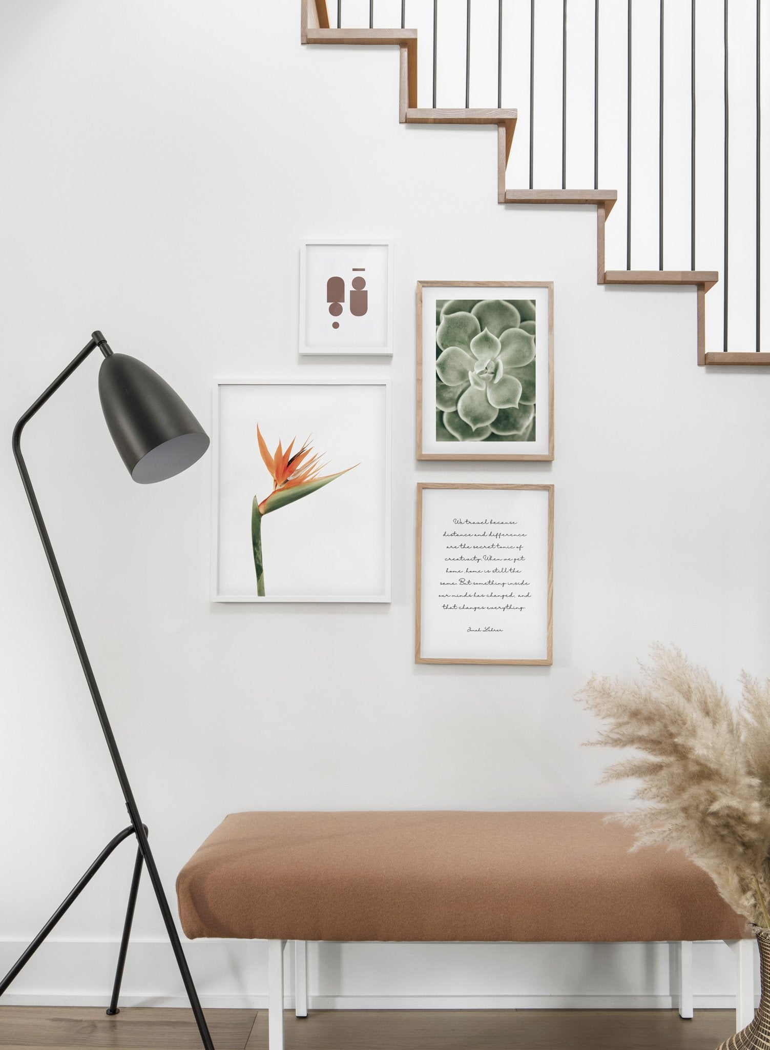 Minimalist wall poster by Opposite Wall of poster quad including Bird of Paradise floral photography - Entryway