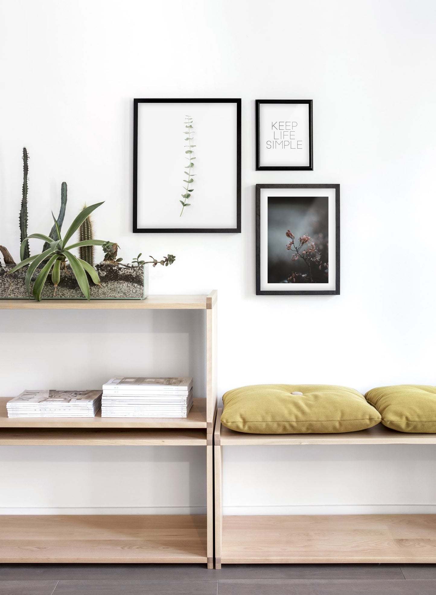 Minimalist wall art poster trio featuring classic stem eucalyptus botanical photography - Entryway