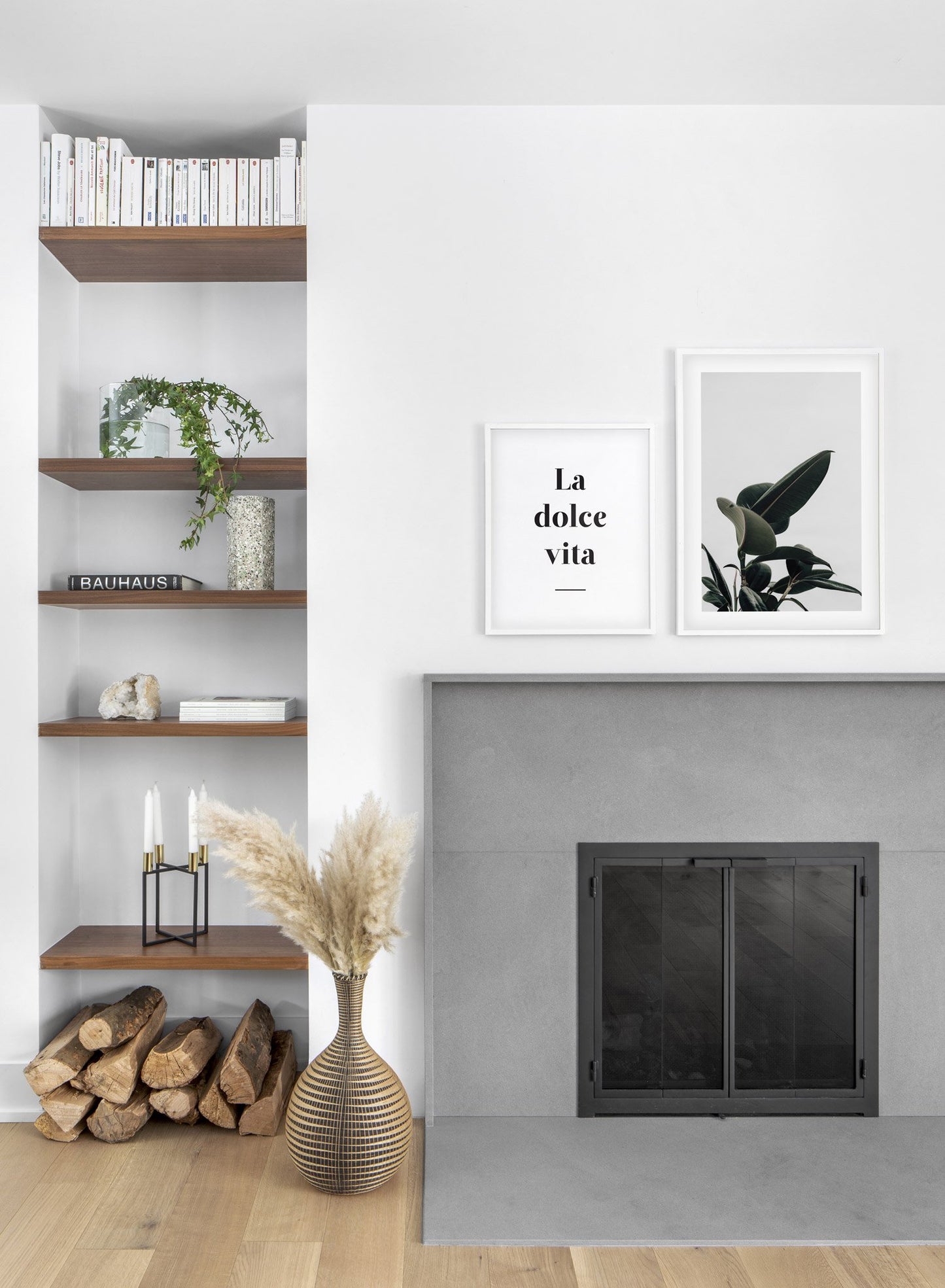 Minimalist wall art poster duo featuring Rubber Tree Detail botanical photography - Fireplace