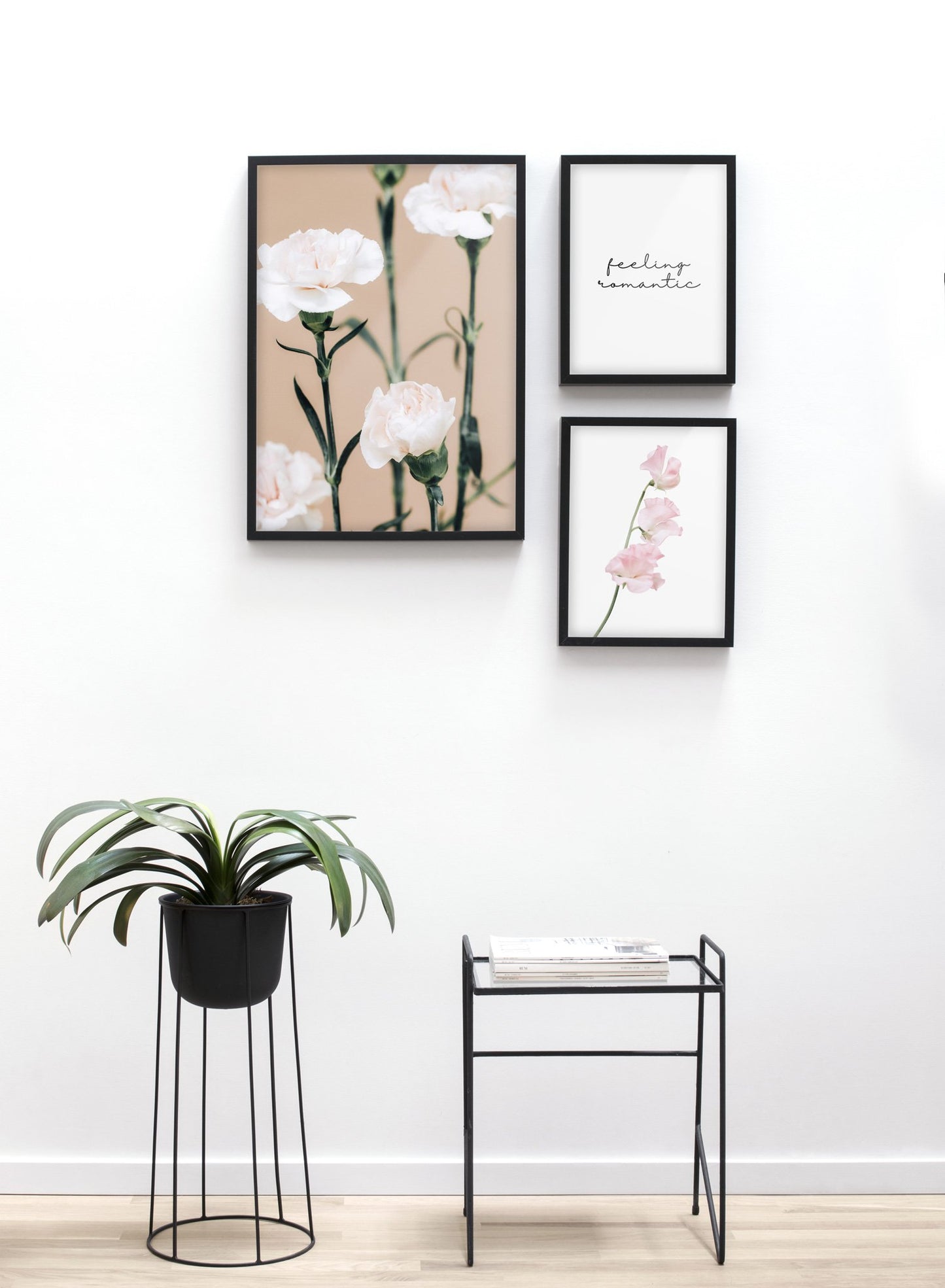 Minimalistic wall poster trio by Opposite Wall with Pink Carnations floral photography - Design flower pot and a coffee table