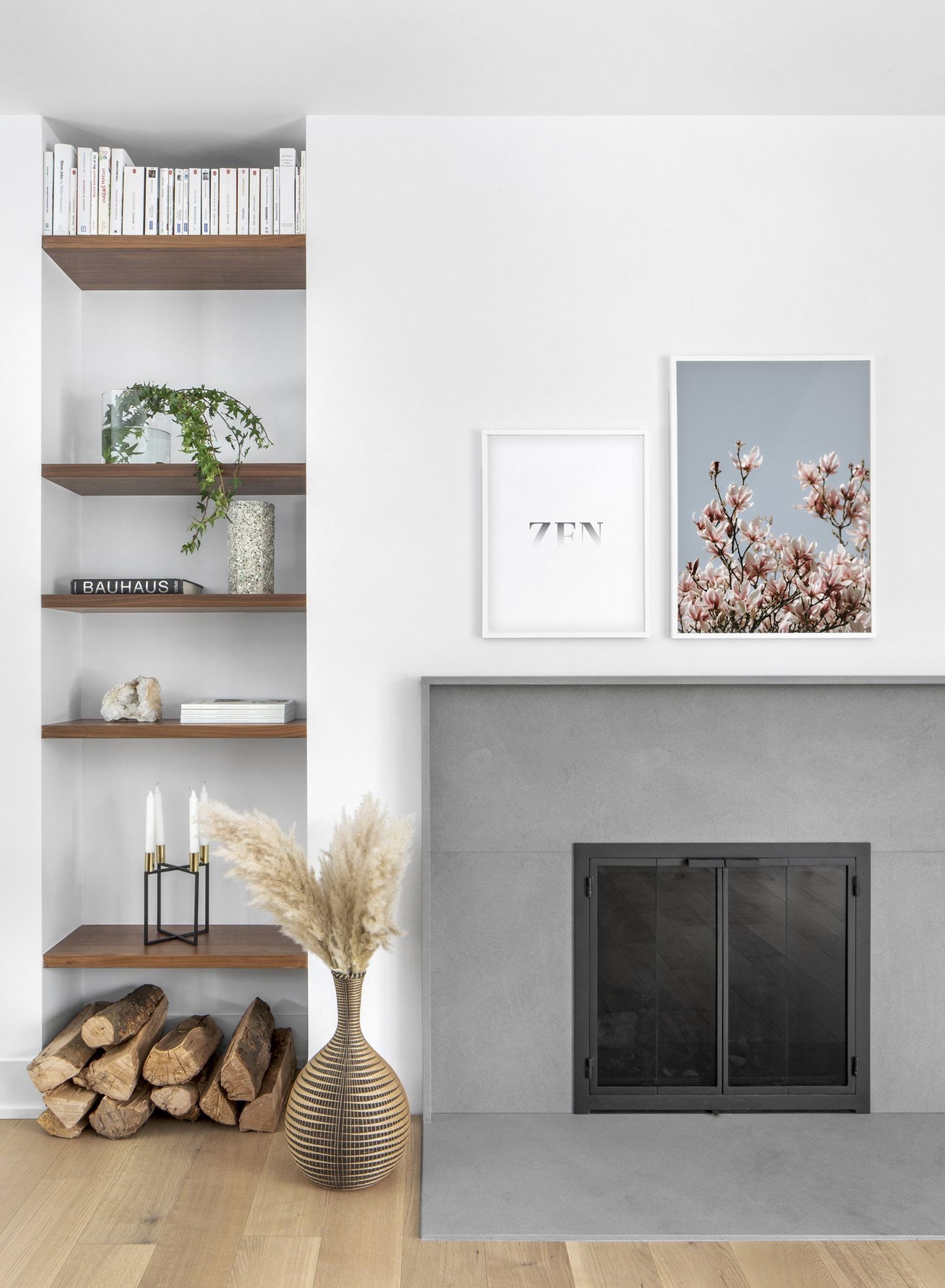 Soaring Flowers modern minimalist floral photography poster by Opposite Wall - Living room with gallery wall duo