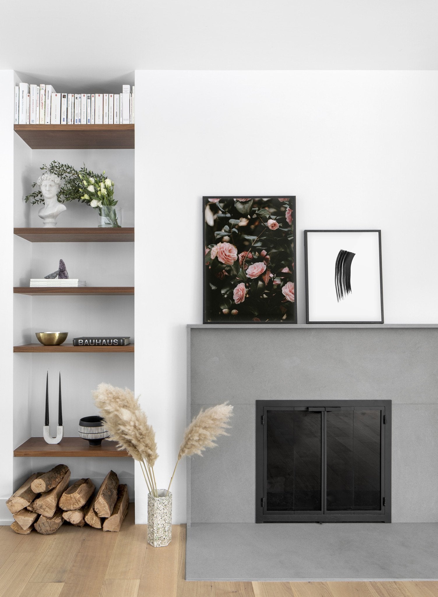 Pink Rosebush modern minimalist floral photography poster by Opposite Wall - Living room with gallery Wall duo