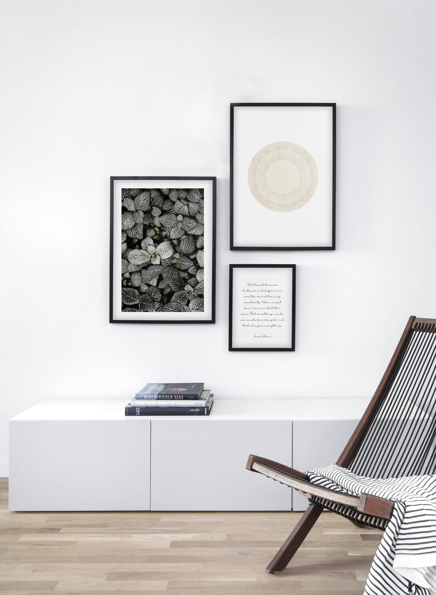 Patterned leaves modern minimalist botanical photography poster by Opposite Wall - Living room with gallery Wall trio