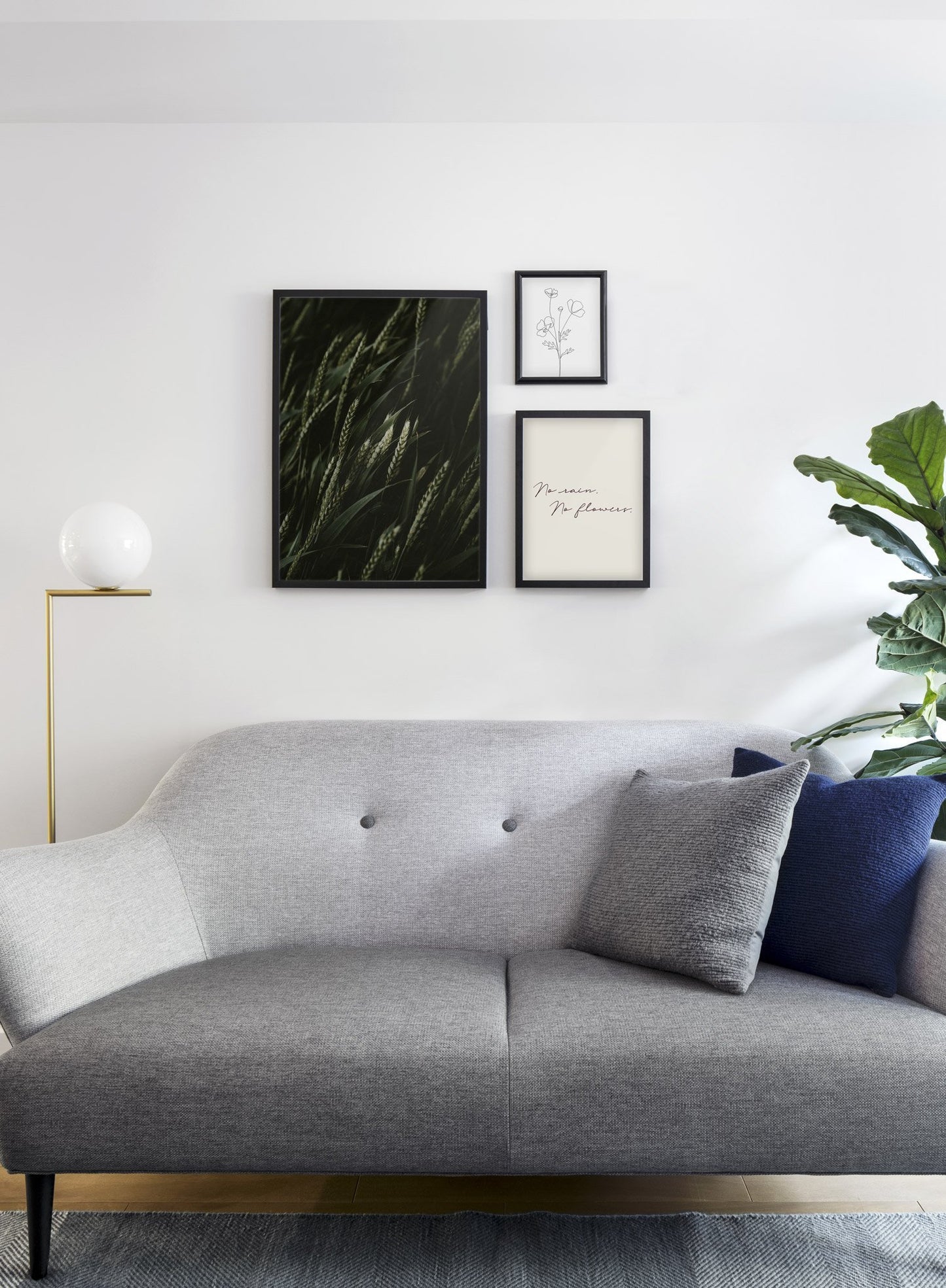 Young Wheat modern minimalist botanical photography poster by Opposite Wall - Living room with gallery wall trio