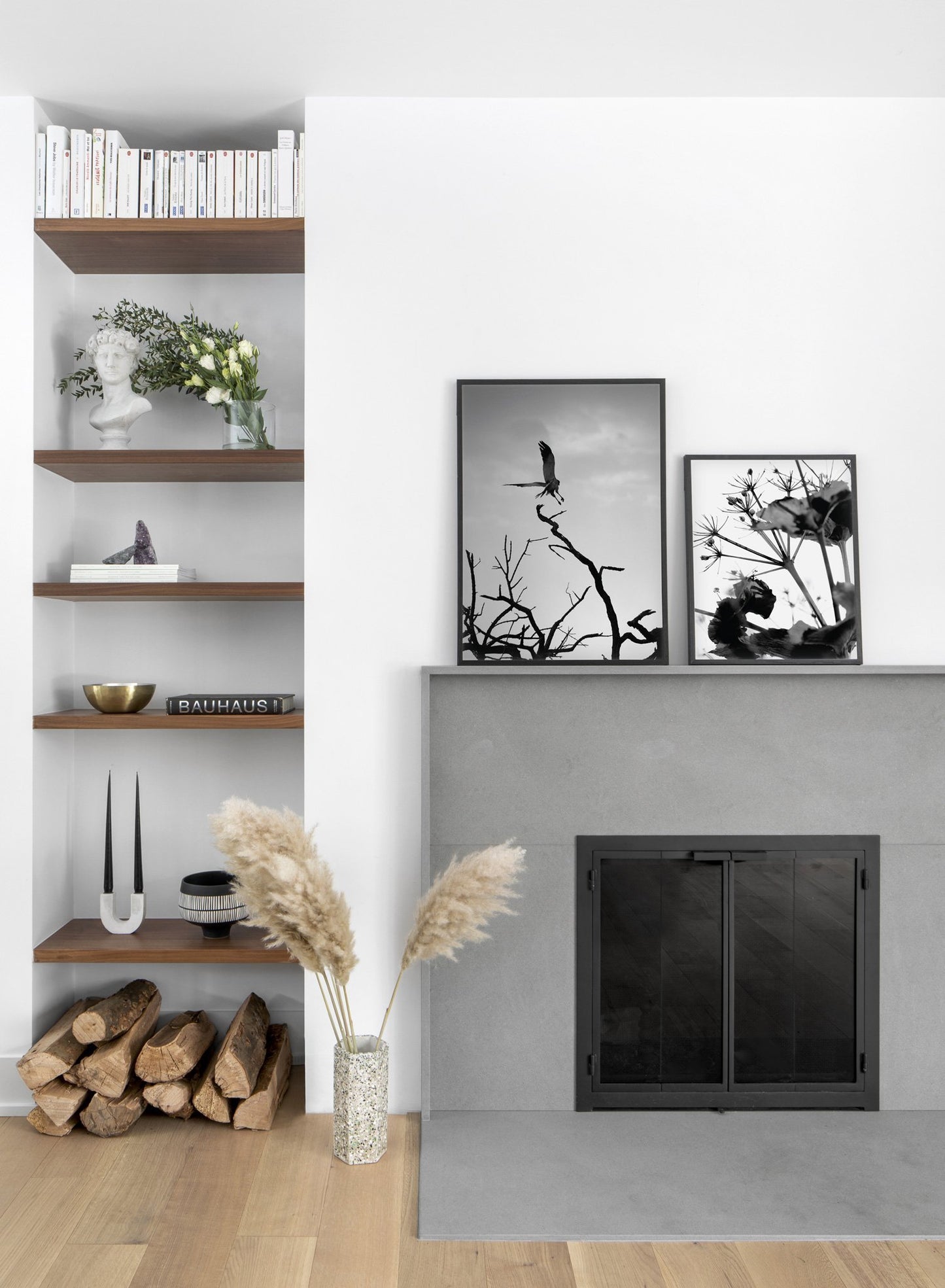 Wild Thing modern minimalist black and white nature photography poster by Opposite Wall - Duo - Living Room Fireplace