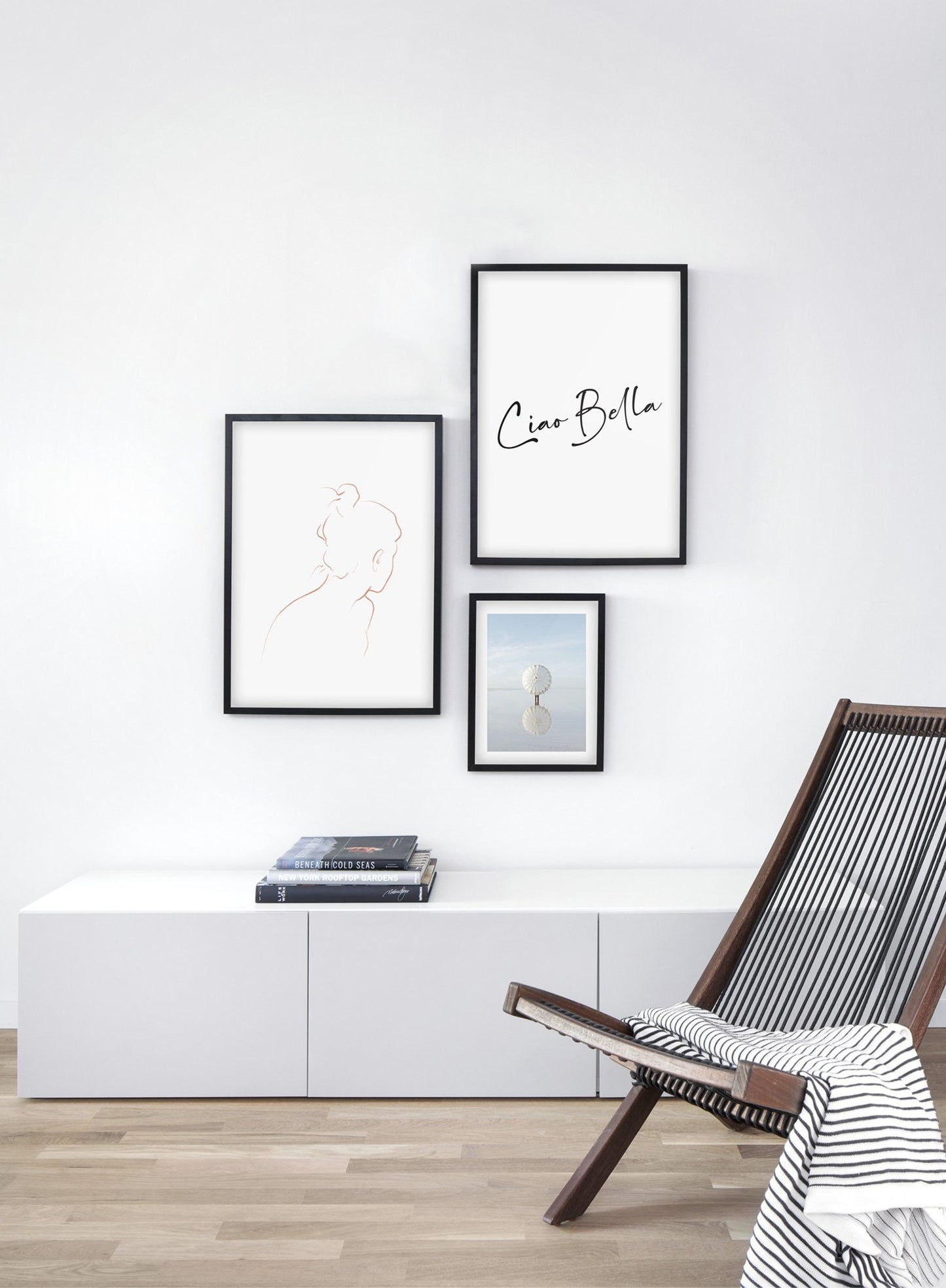 Modern minimalist poster by Opposite Wall with abstract illustration of Into the Distance with beige lines - Gallery wall trio - Living room