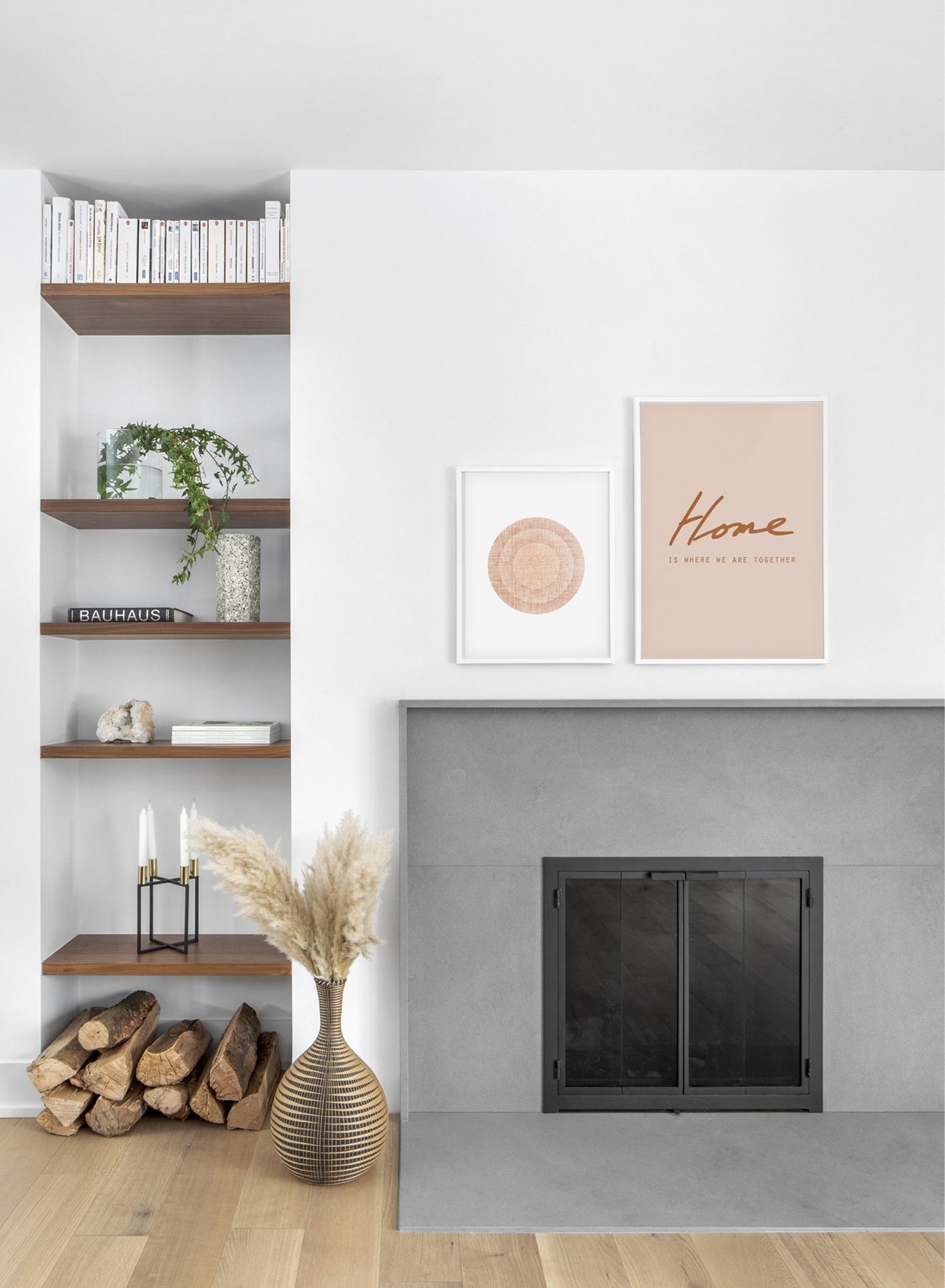 Modern minimalist poster by Opposite Wall with abstract illustration of Target in Orange - Gallery wall Duo - Living room with fireplace