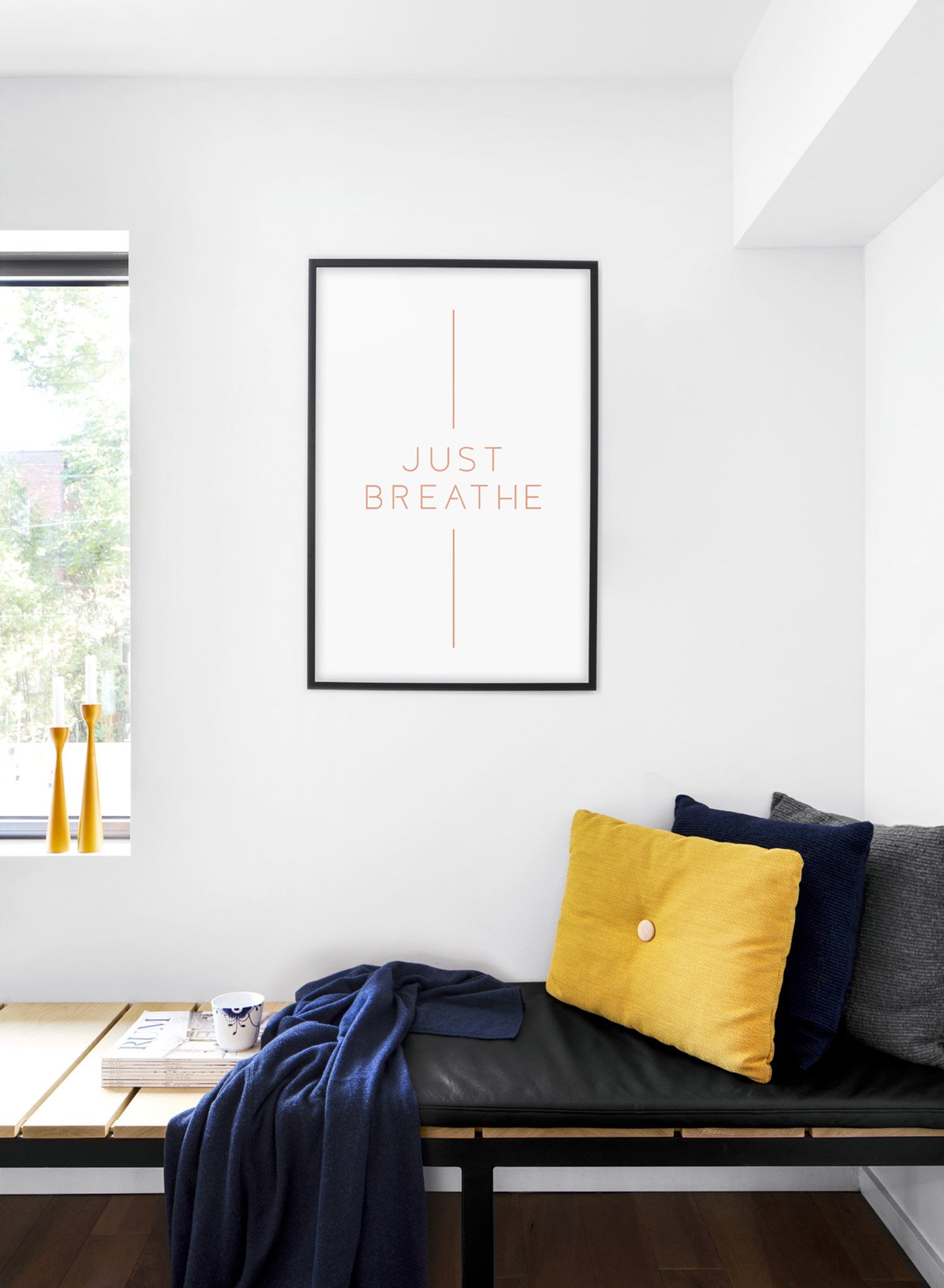 Modern minimalist art print by Opposite Wall with Breathe graphic design typography in beige - Bedroom